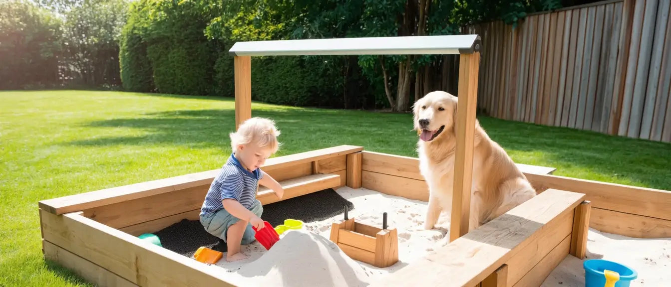 A toddler and a dog playing together in a sunny backyard sandbox, surrounded by greenery.