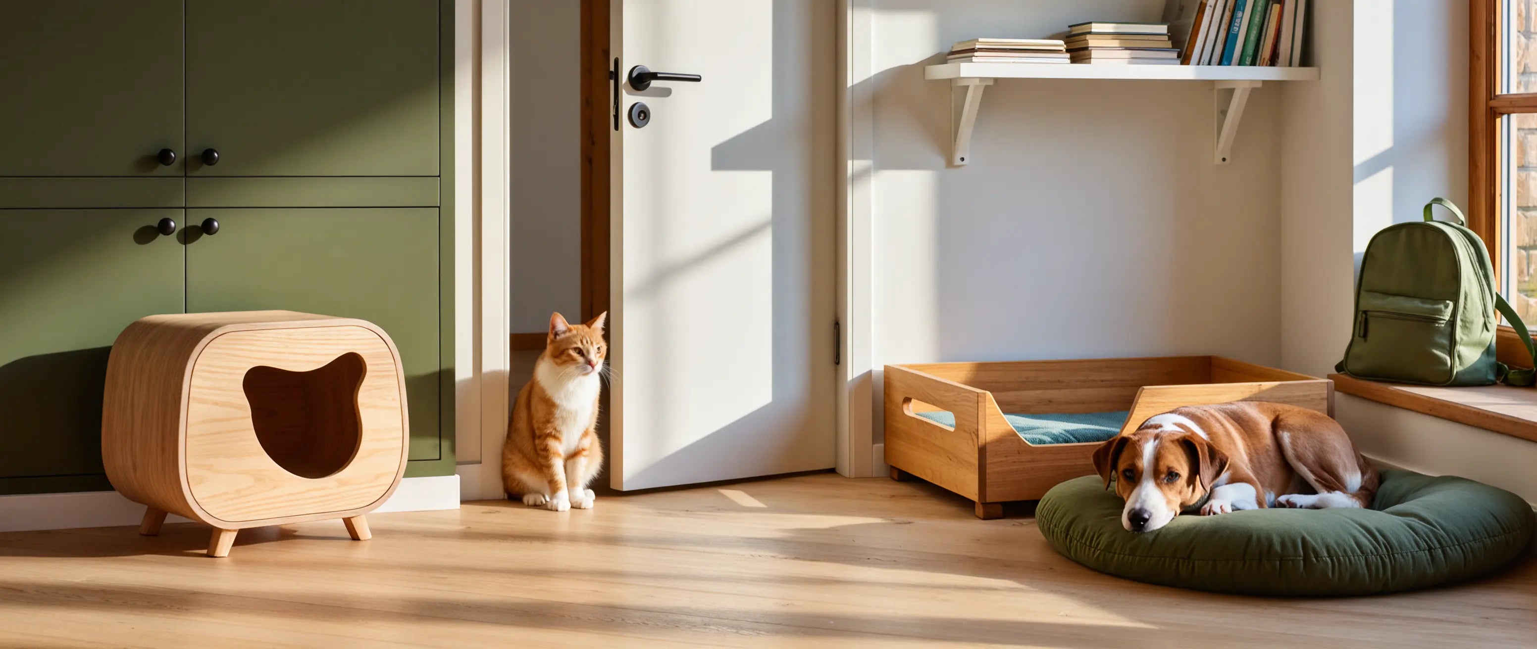 Cat and dog sitting together peacefully on a sofa in a cozy home.