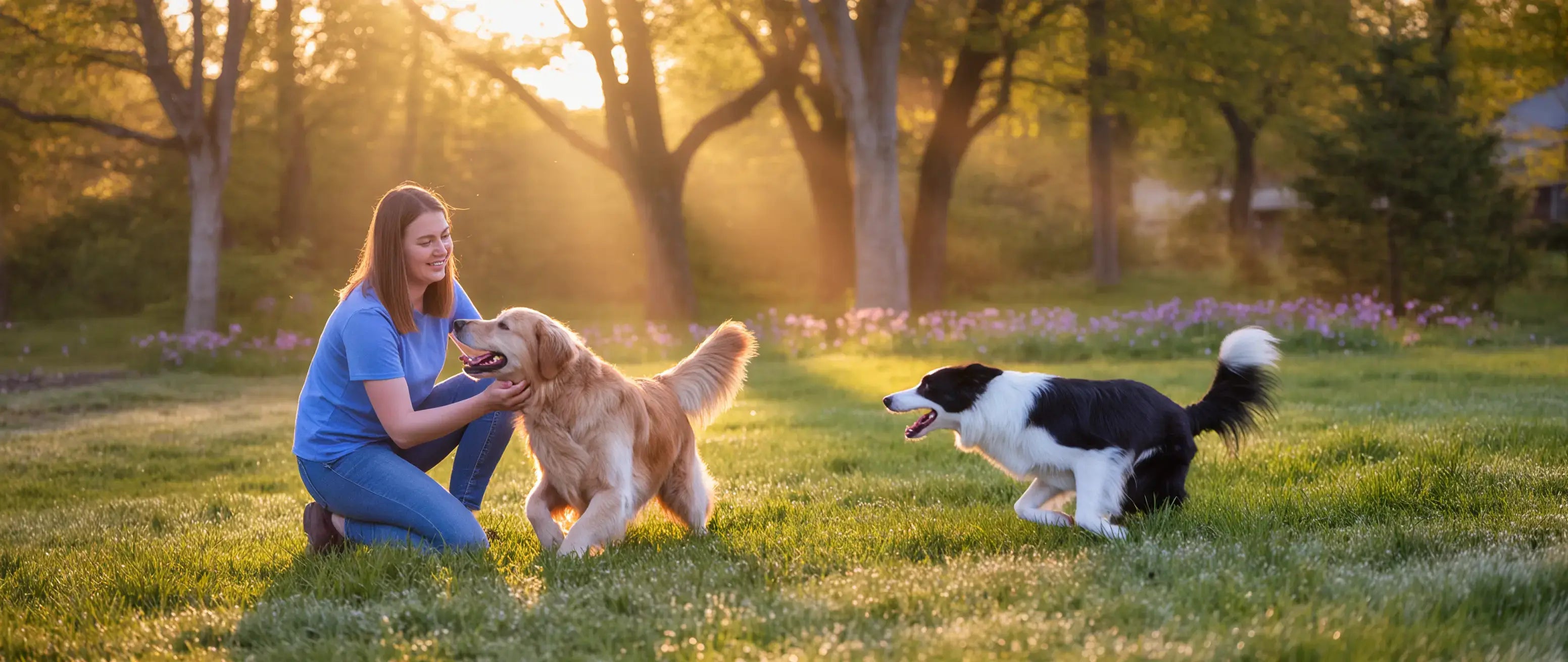 Happy dog lying in the grass with sunlight in the background, enjoying the outdoors