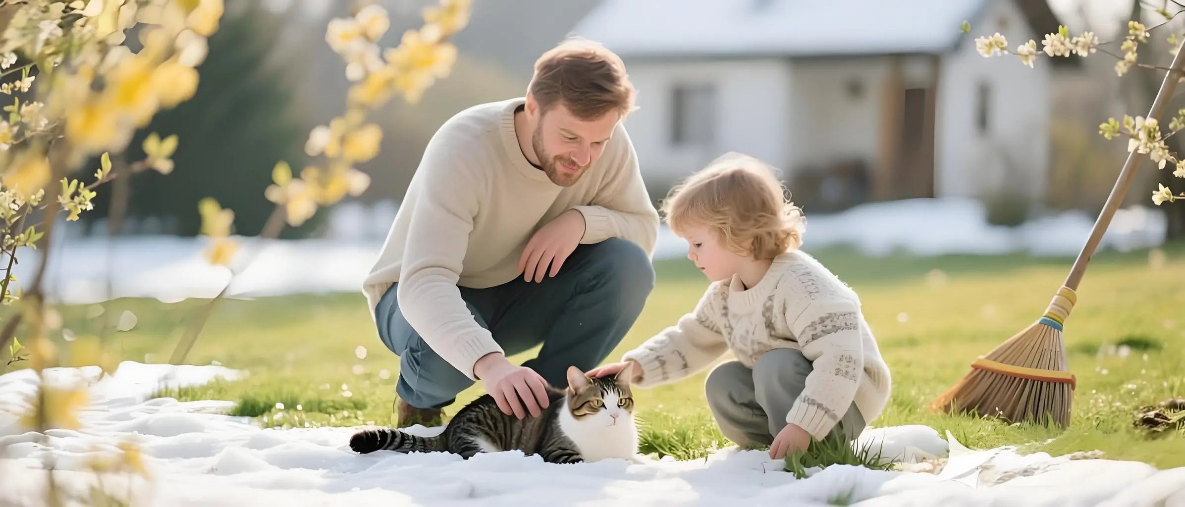 Happy outdoor cat sitting safely on a green lawn with seasonal background