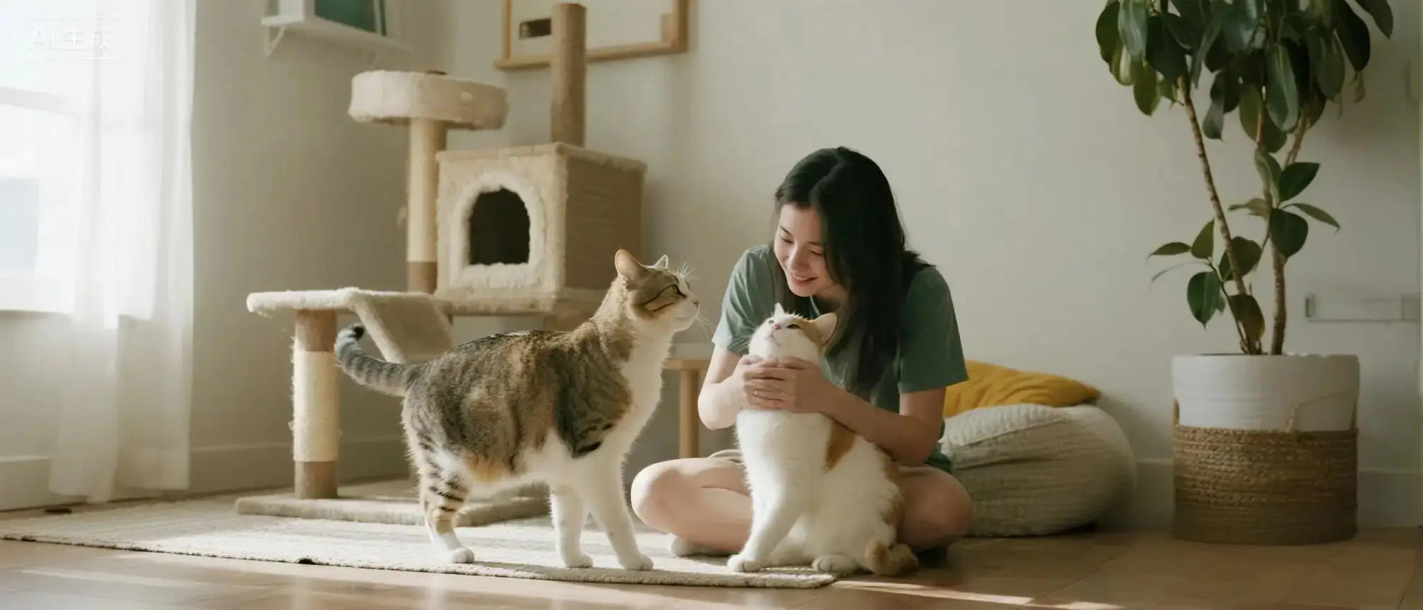A cozy scene showing a person bonding with their cat, surrounded by soft furniture and plants in warm tones – representing trust and affection.