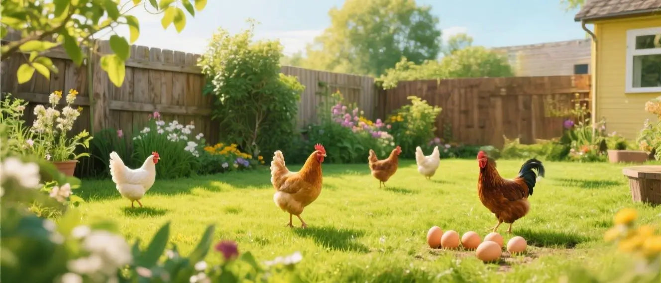 Happy chickens enjoying a well-built cozy chicken coop surrounded by greenery.