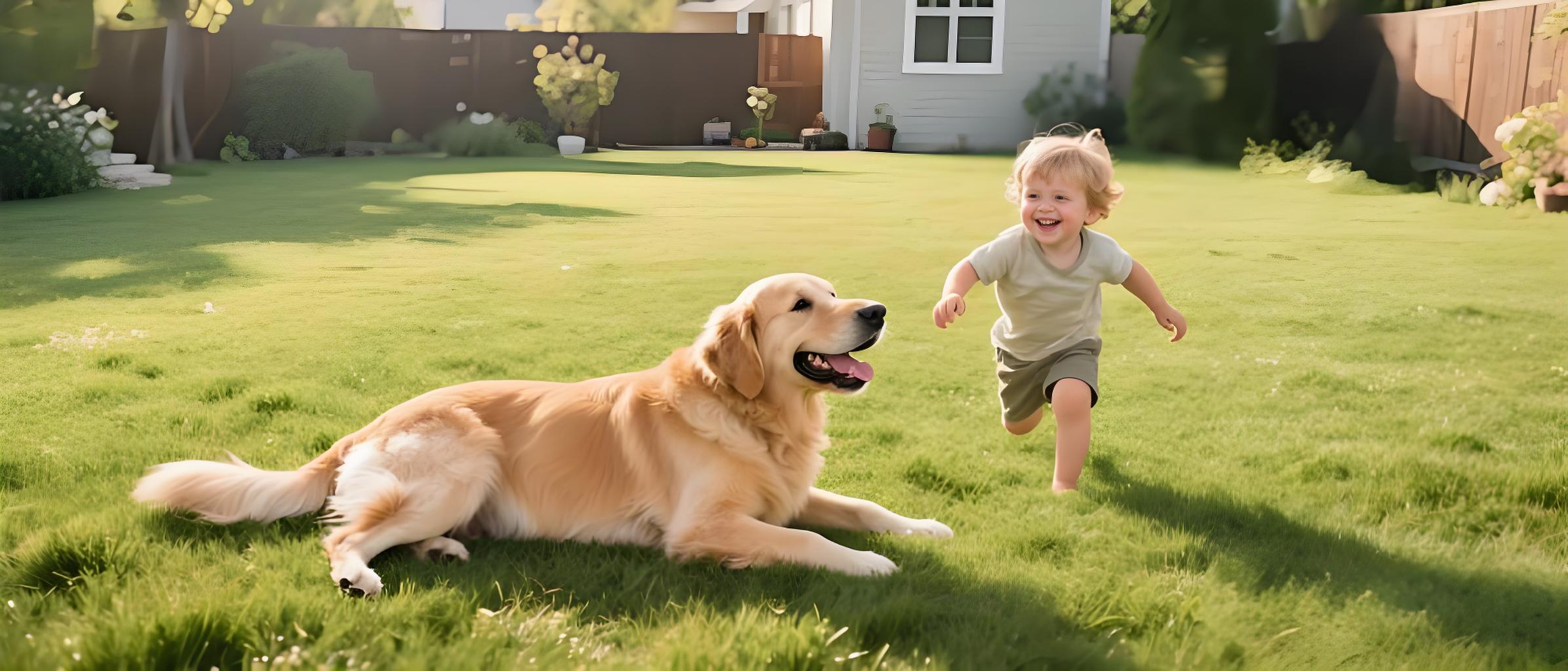 A happy medium-sized dog relaxing in a spacious backyard kennel on a sunny day.