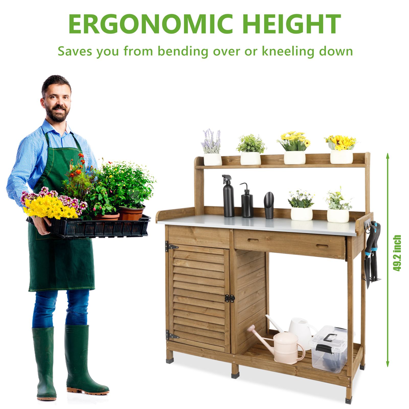 Wooden Potting Bench with Metal Tabletop, Waterproof Garden Table-Brown-GF10