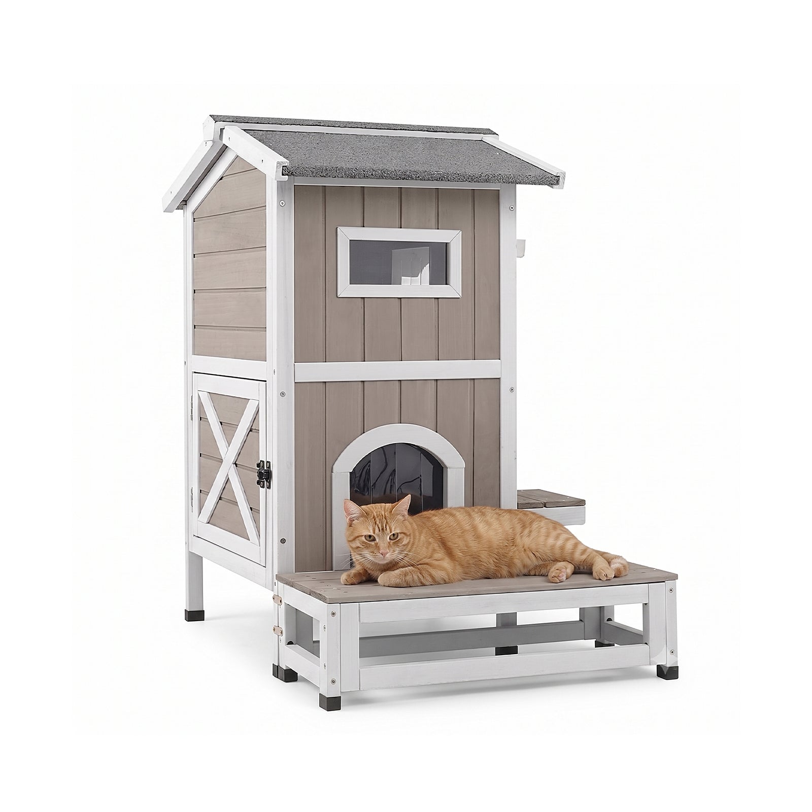 キャットハウスマリ 2-Story Outdoor Cat House with Balcony, Openable Roof, 4 Doors
