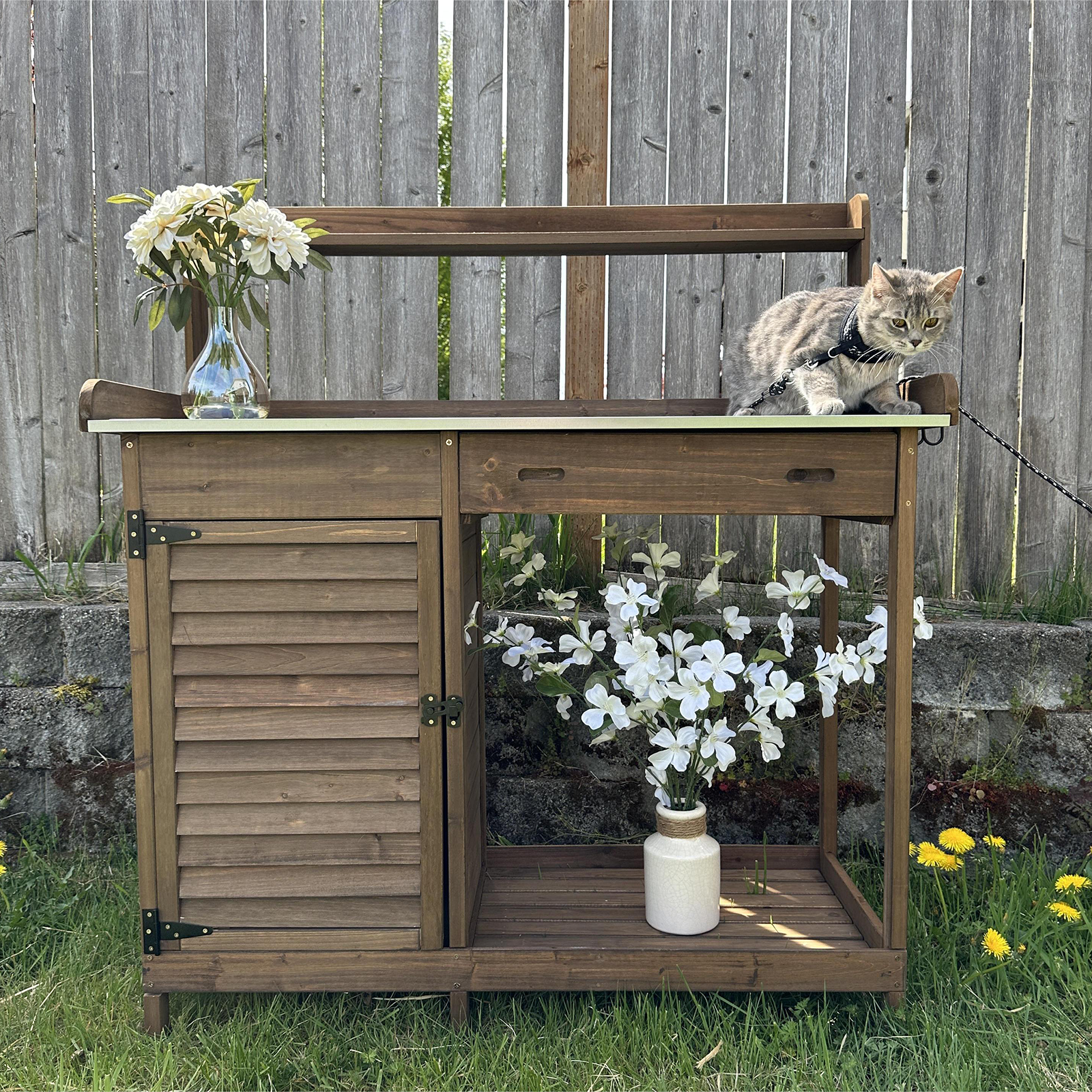 Wooden Potting Bench with Metal Tabletop, Waterproof Garden Table-Brown-GF10