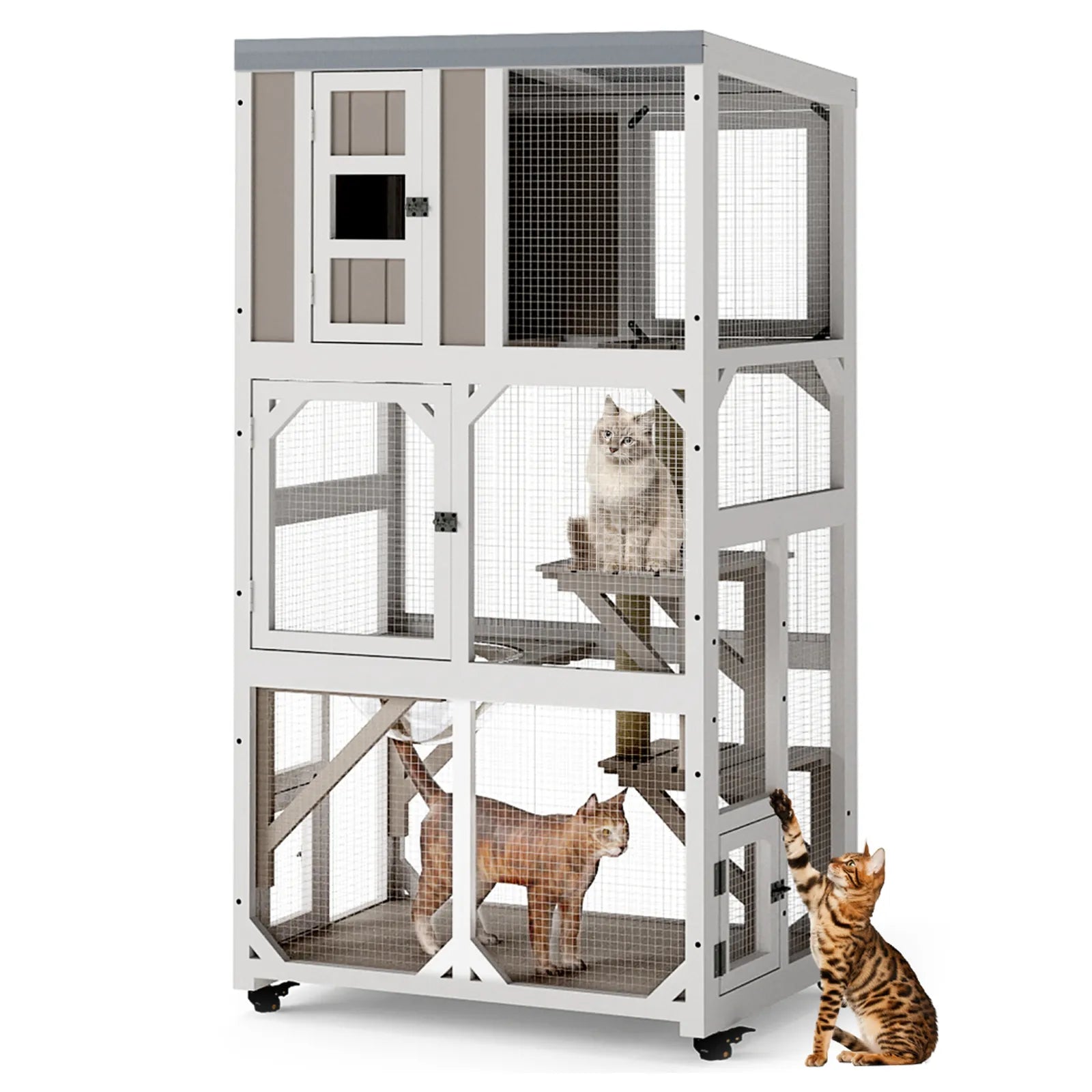 63.5" Wooden Outdoor Catio on Wheels with Waterproof Roof, 2 Sisal Scratching Posts-PET77