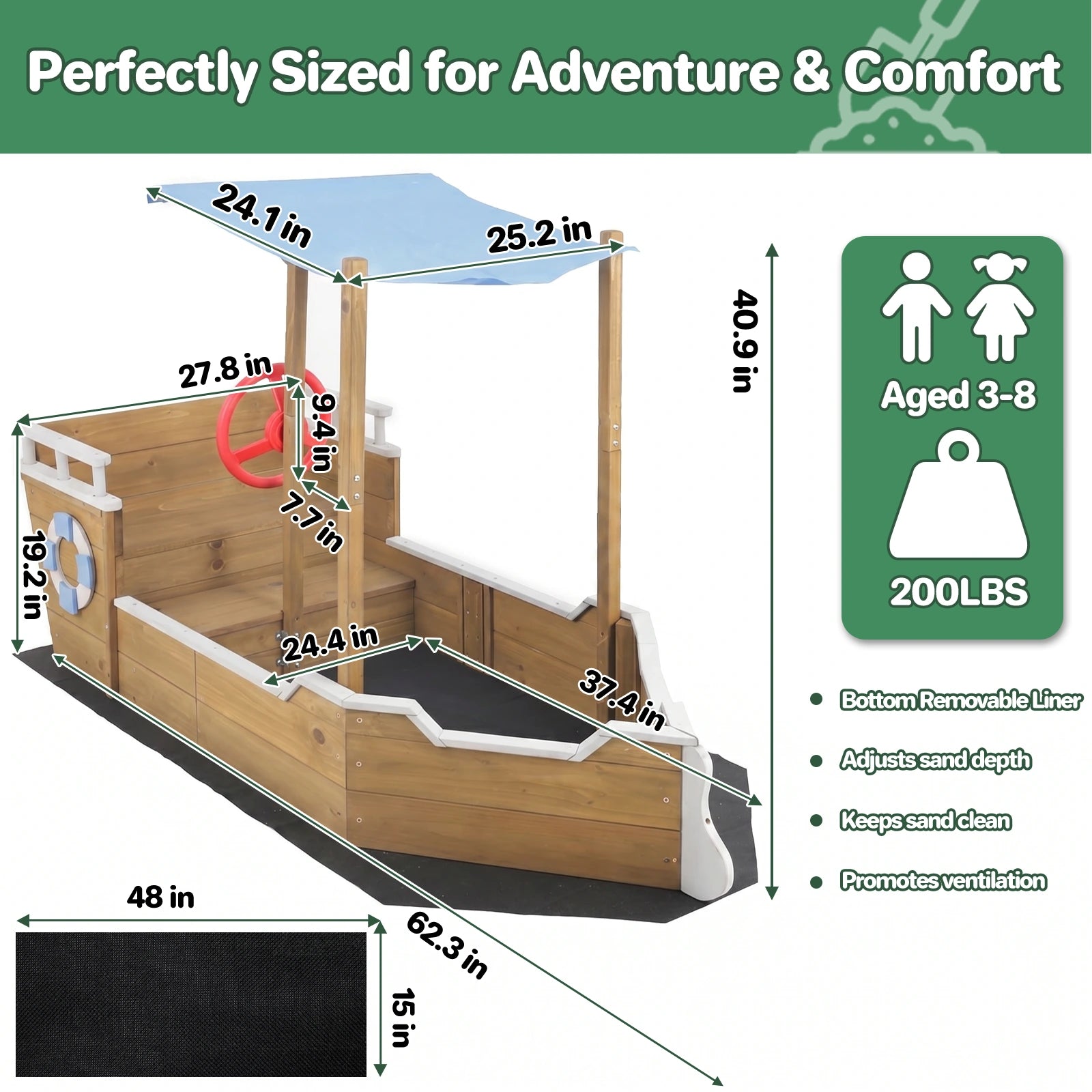 UV-Resistant Ship Sandbox with Built-in Seats & Storage, Liner, for Kids 2-8-GF02