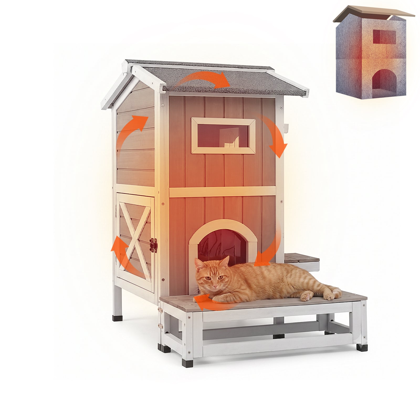 PETSCOSSET Insulated 2-Story Outdoor Cat House with Balcony, Open