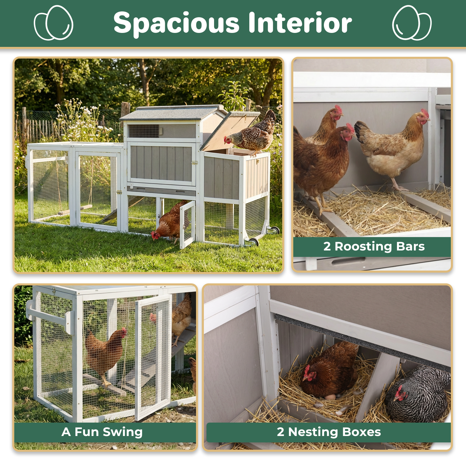 Weatherproof Hen House Chicken Coop on Wheels with Run-PET82-GREYWHITE