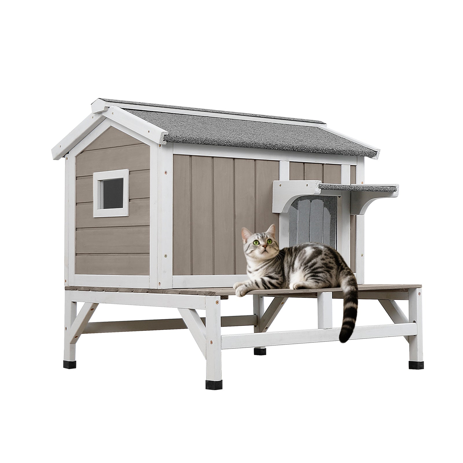 Outdoor Cat House with Balcony, Weatherproof Wooden Shelter Raised Base & Open Roof-PET72