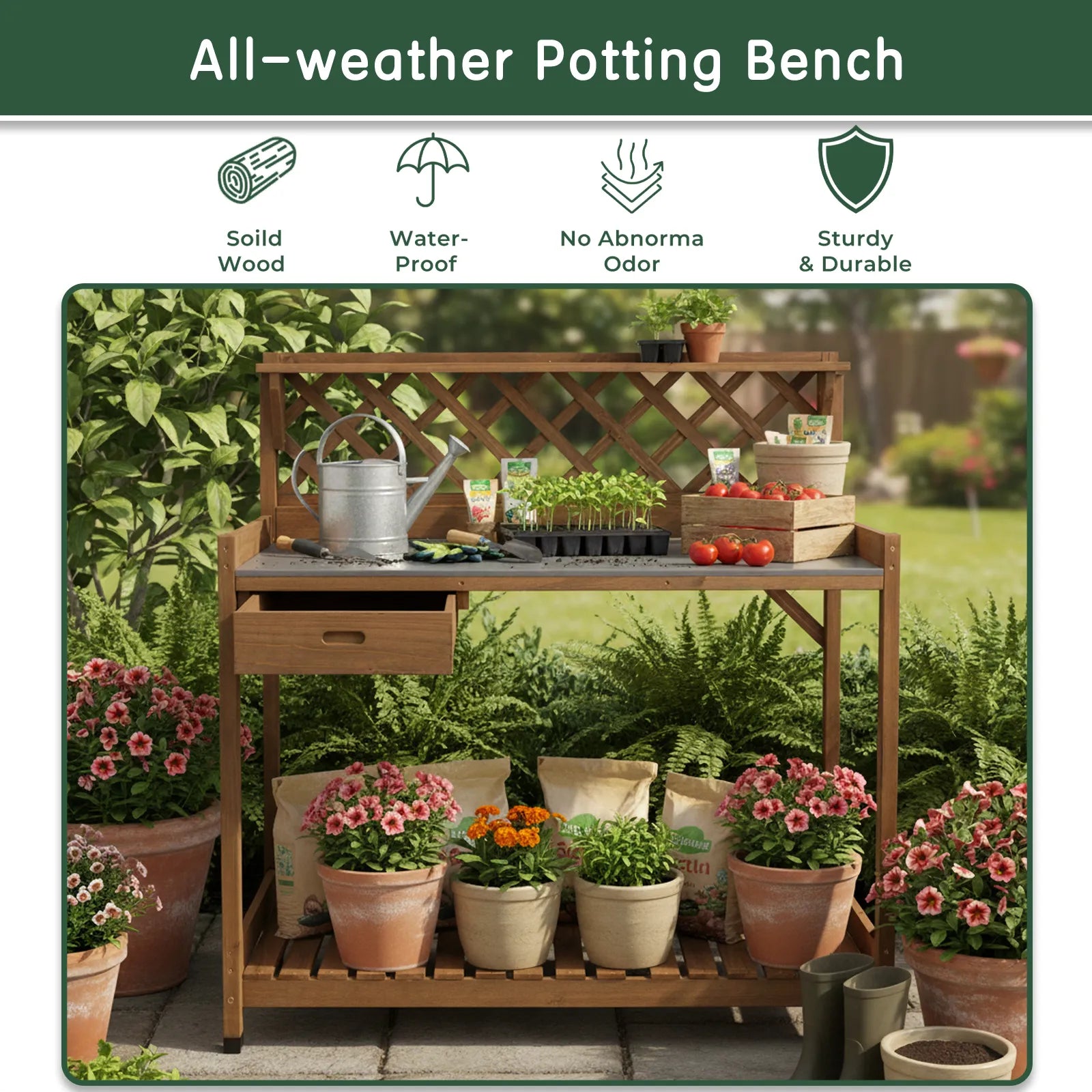 Wooden Potting Benches & Tables, W/Metal Table Top, Drawer, Bottom Shelf-GF11