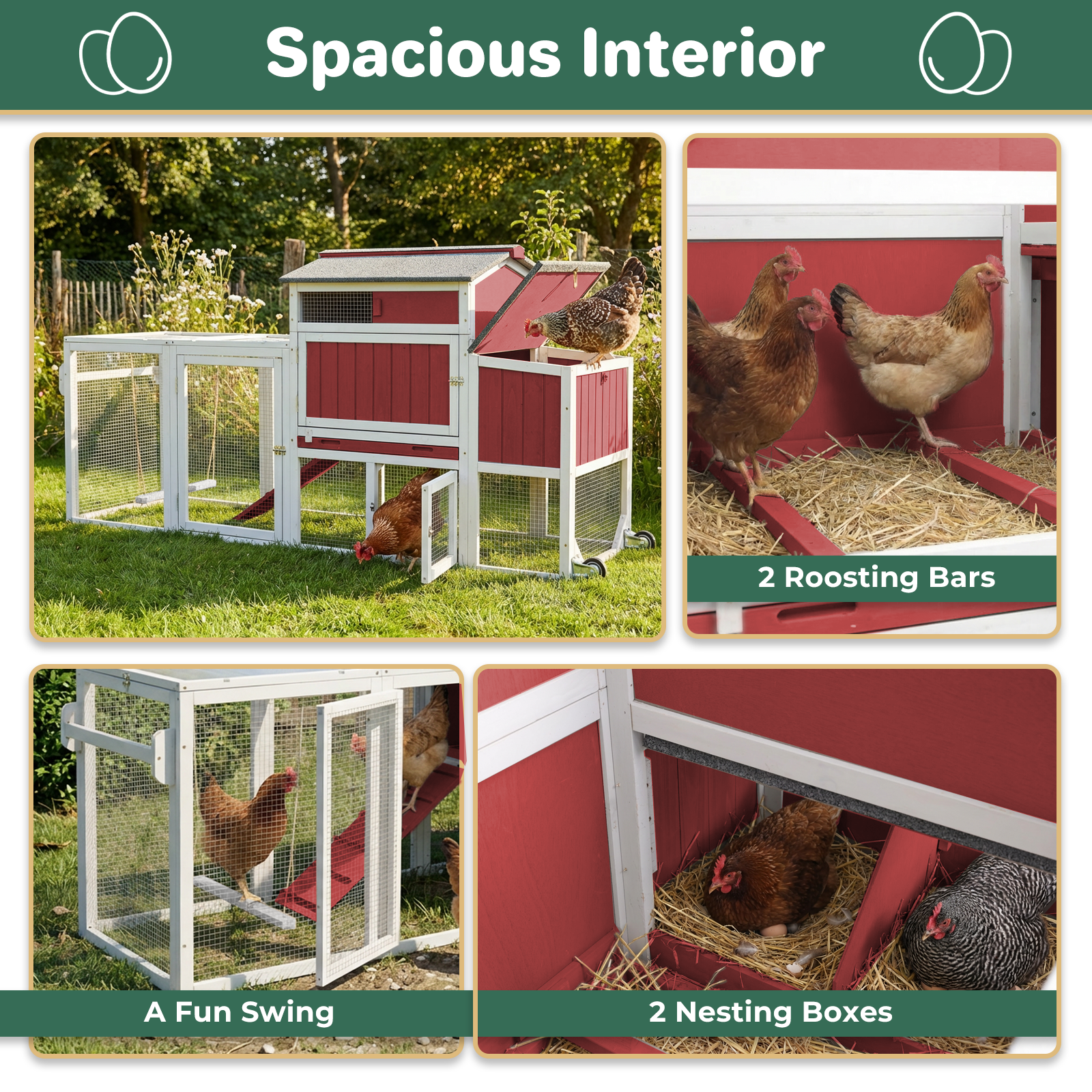 Weatherproof Hen House Chicken Coop on Wheels with Run-PET82-REDWHITE