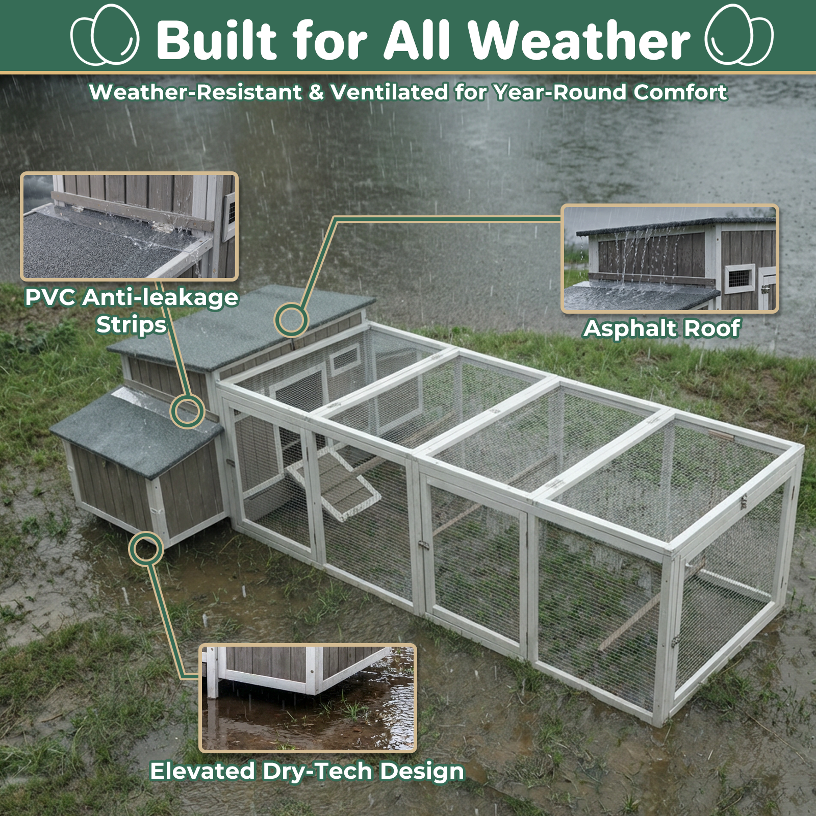 106" Chicken Coop with Run for 2-6 Chickens, 4 Nesting Boxes & Swing-PET8488