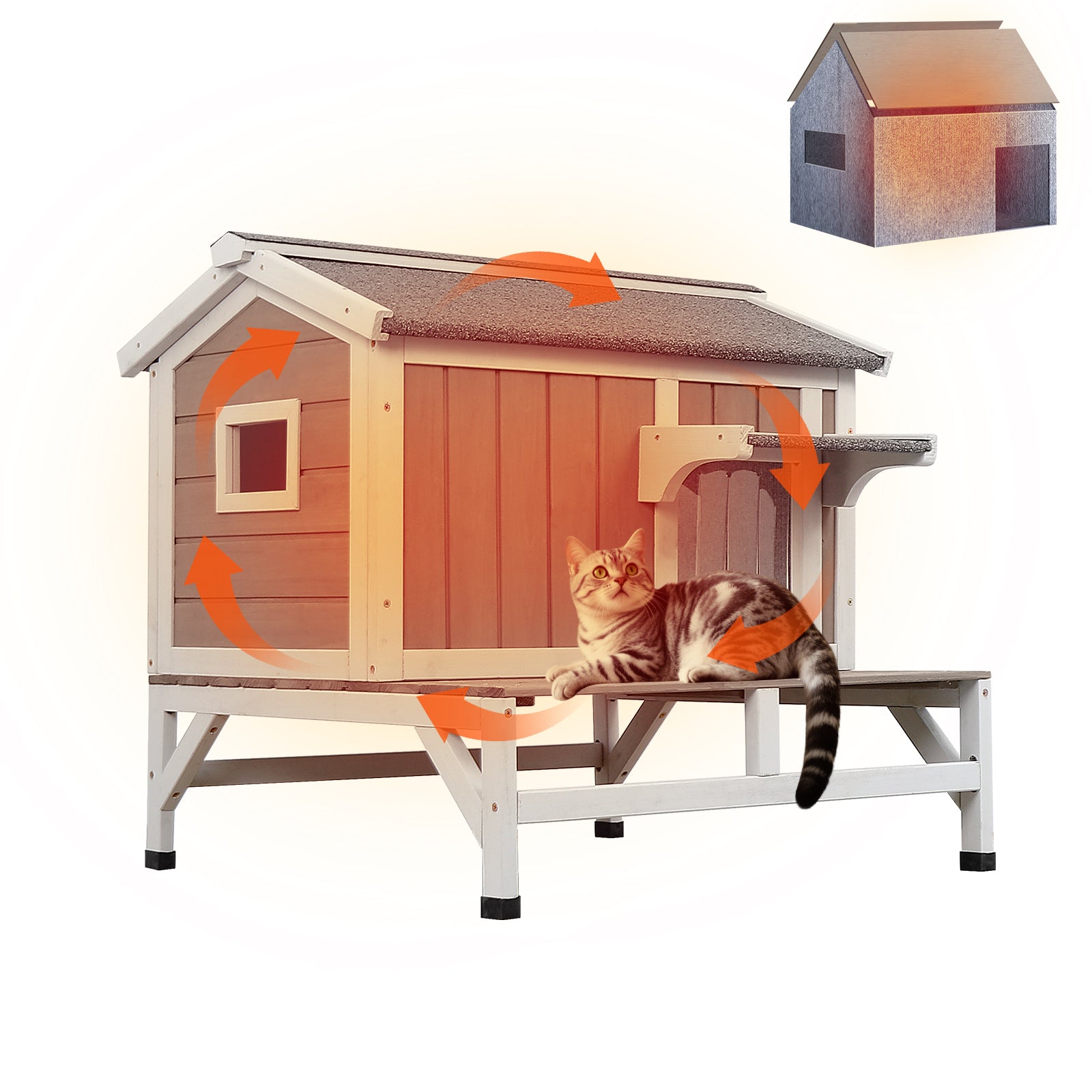 2-Story Insulated Wooden Cat House with Balcony & Open Roof