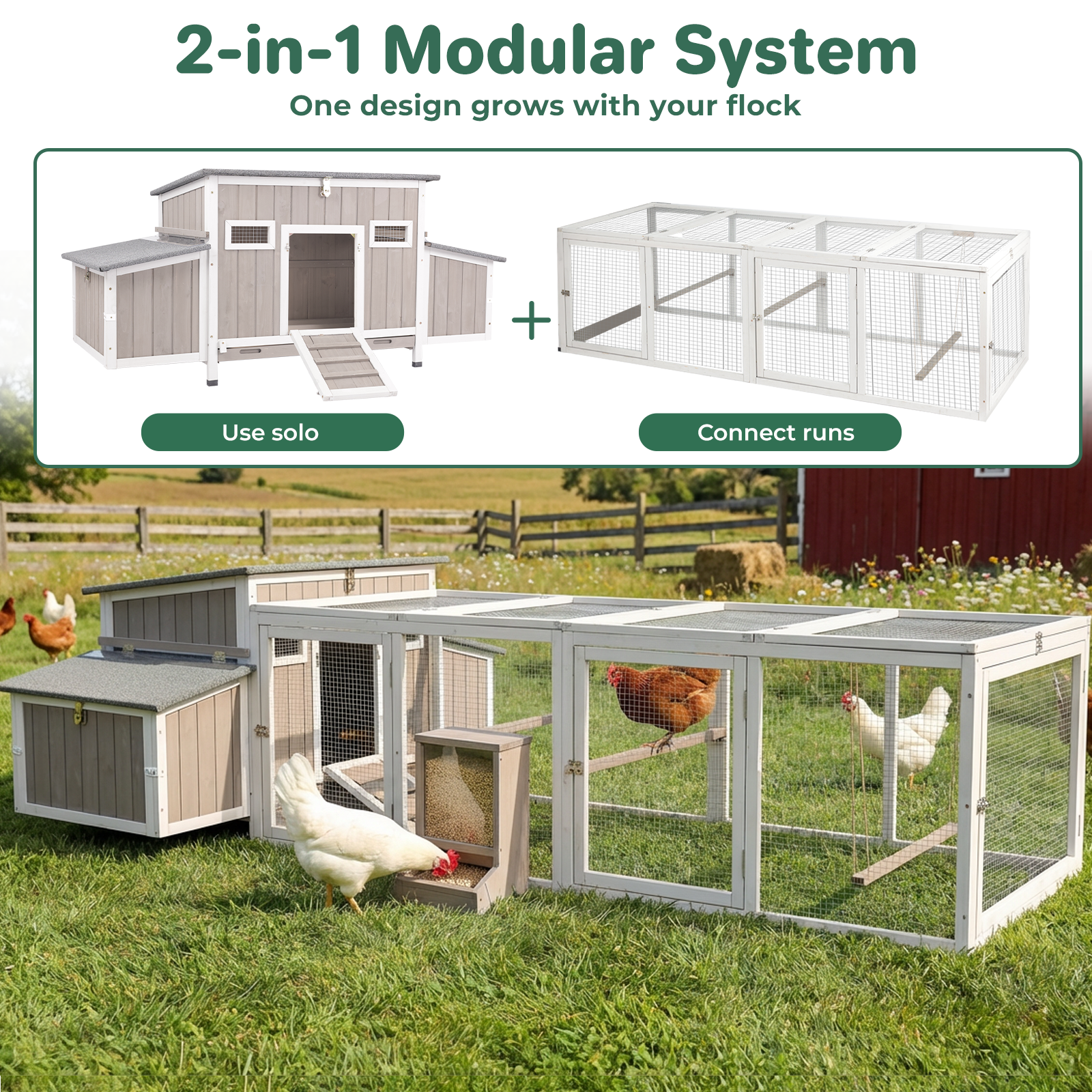 106" Chicken Coop with Run for 2-6 Chickens, 4 Nesting Boxes & Swing-PET8488