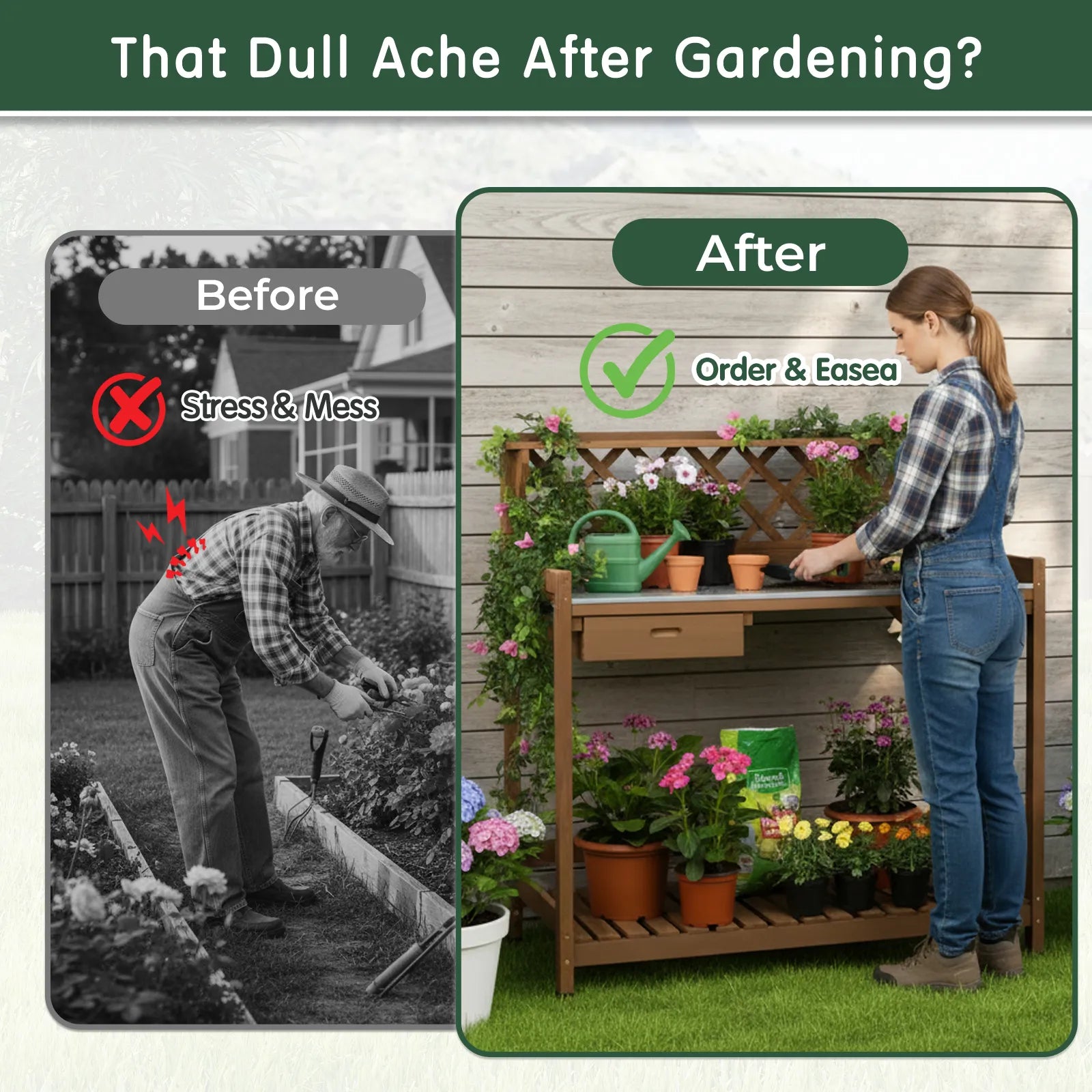 Wooden Potting Benches & Tables, W/Metal Table Top, Drawer, Bottom Shelf-GF11