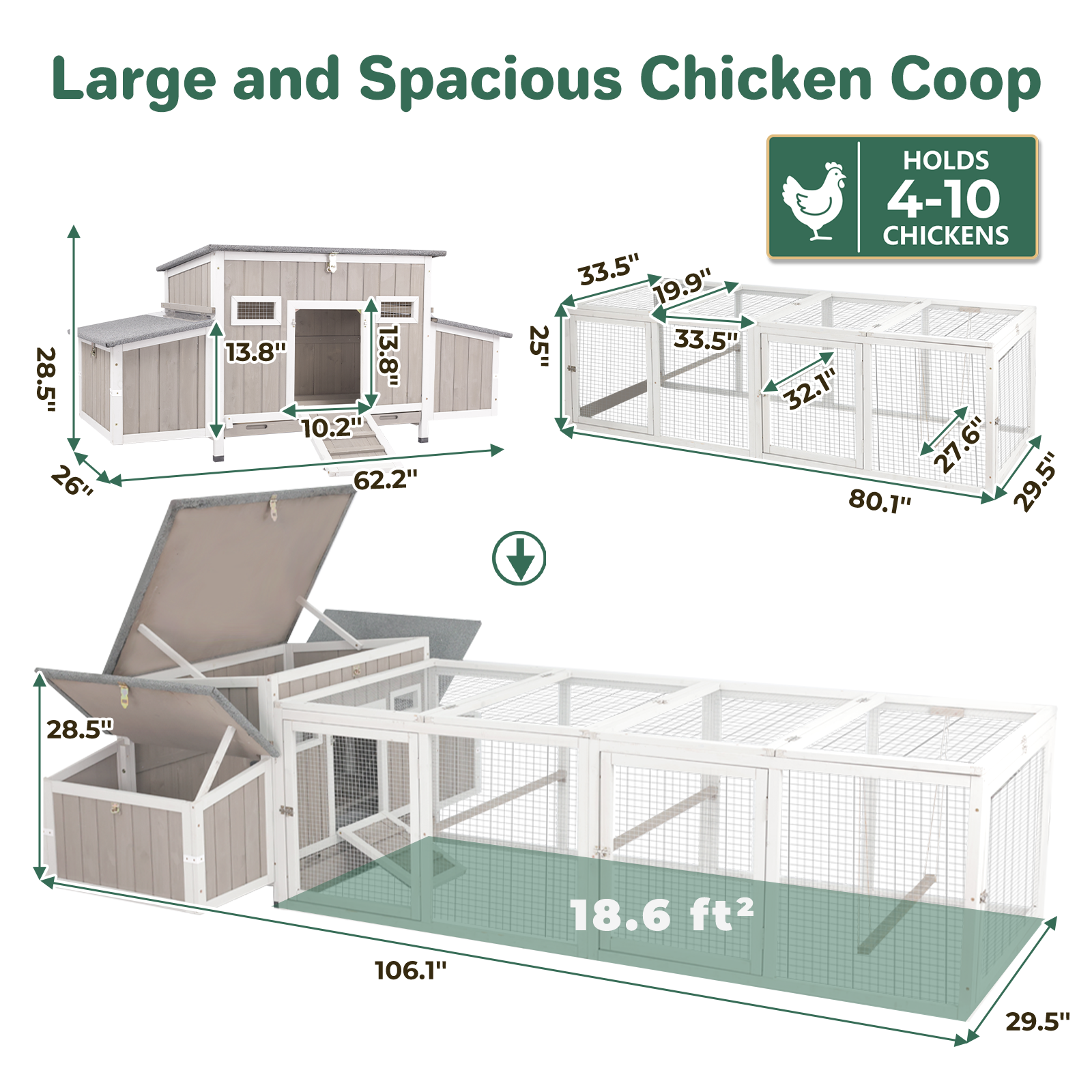 106" Chicken Coop with Run for 2-6 Chickens, 4 Nesting Boxes & Swing-PET8488