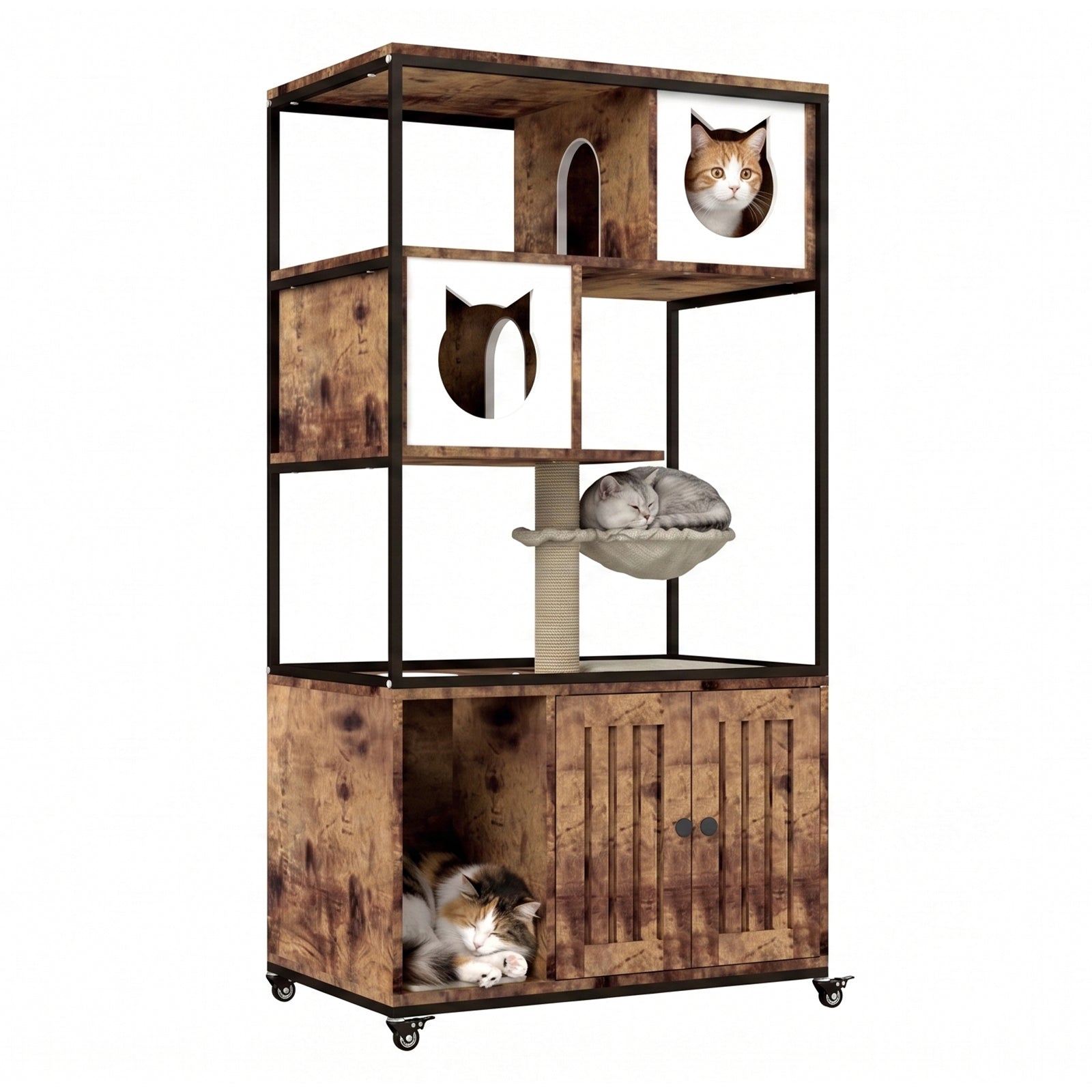 PETSCOSSET Cat Litter Box Enclosure Wooden Cat Washroom Furniture on Wheels with Multiple Platforms,Brown