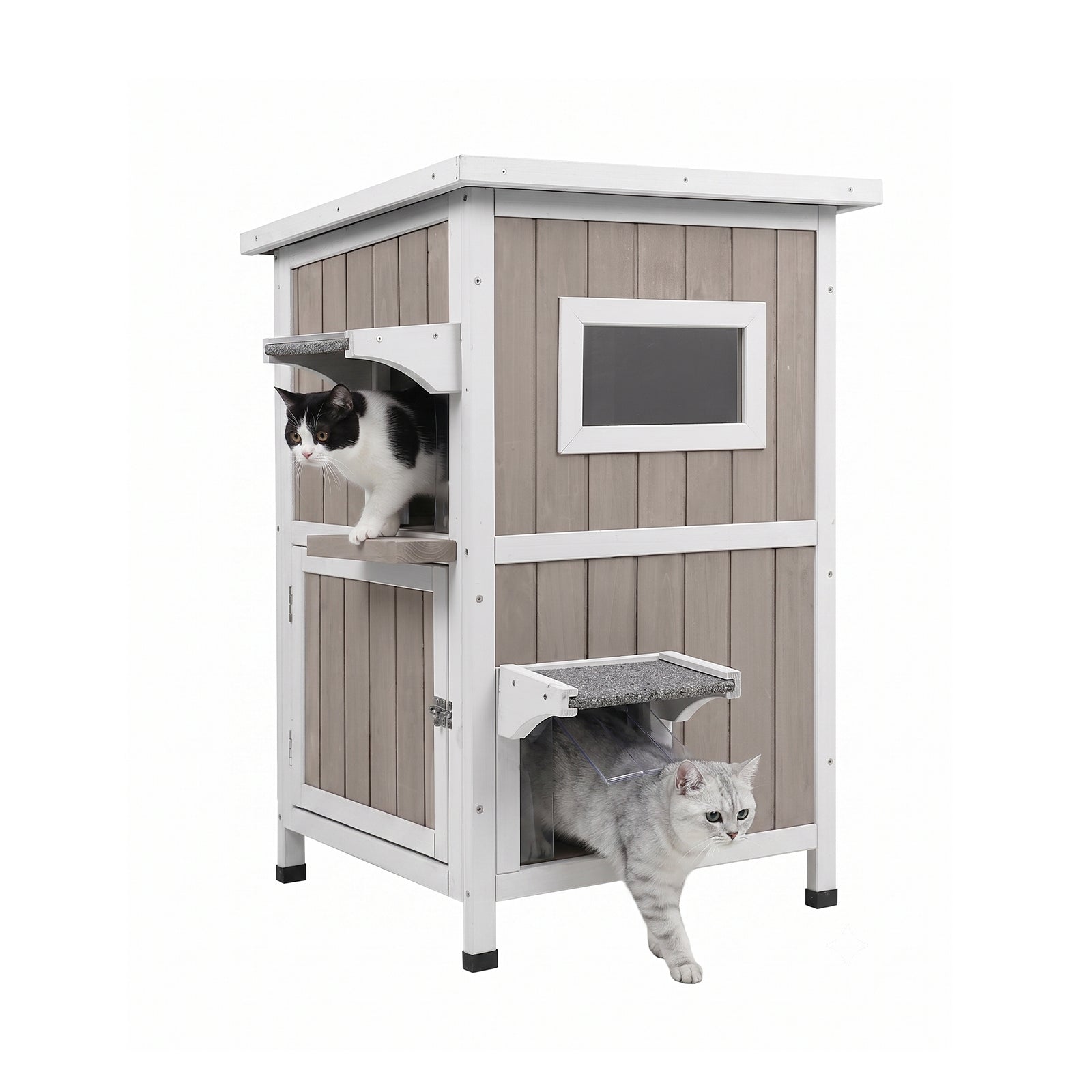 2-Story Weatherproof Outdoor Wooden Cat House Shelter - petscosset