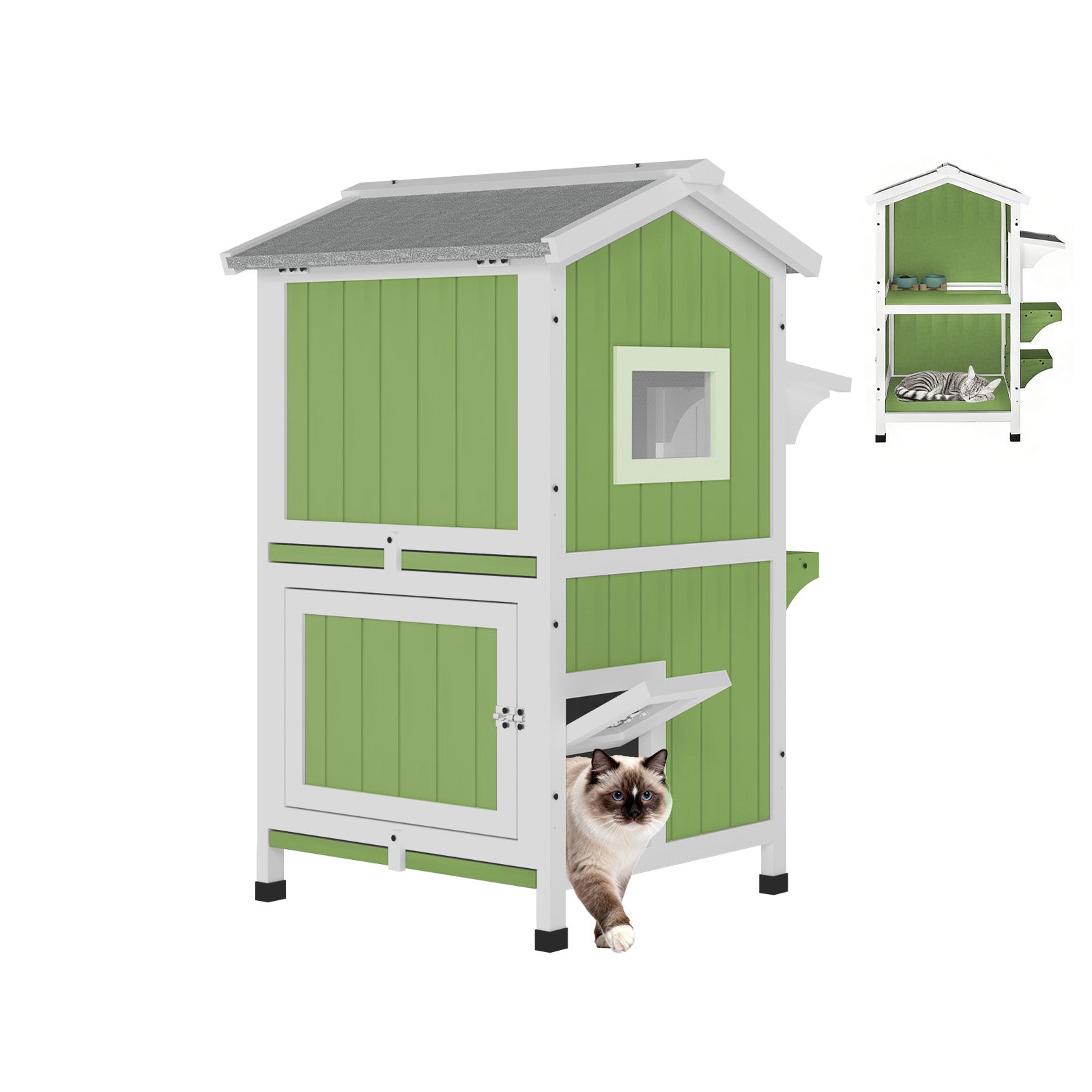 Outdoor Two-Story Weatherproof Wooden Feral Cat Shelter-04-GREENWHITE