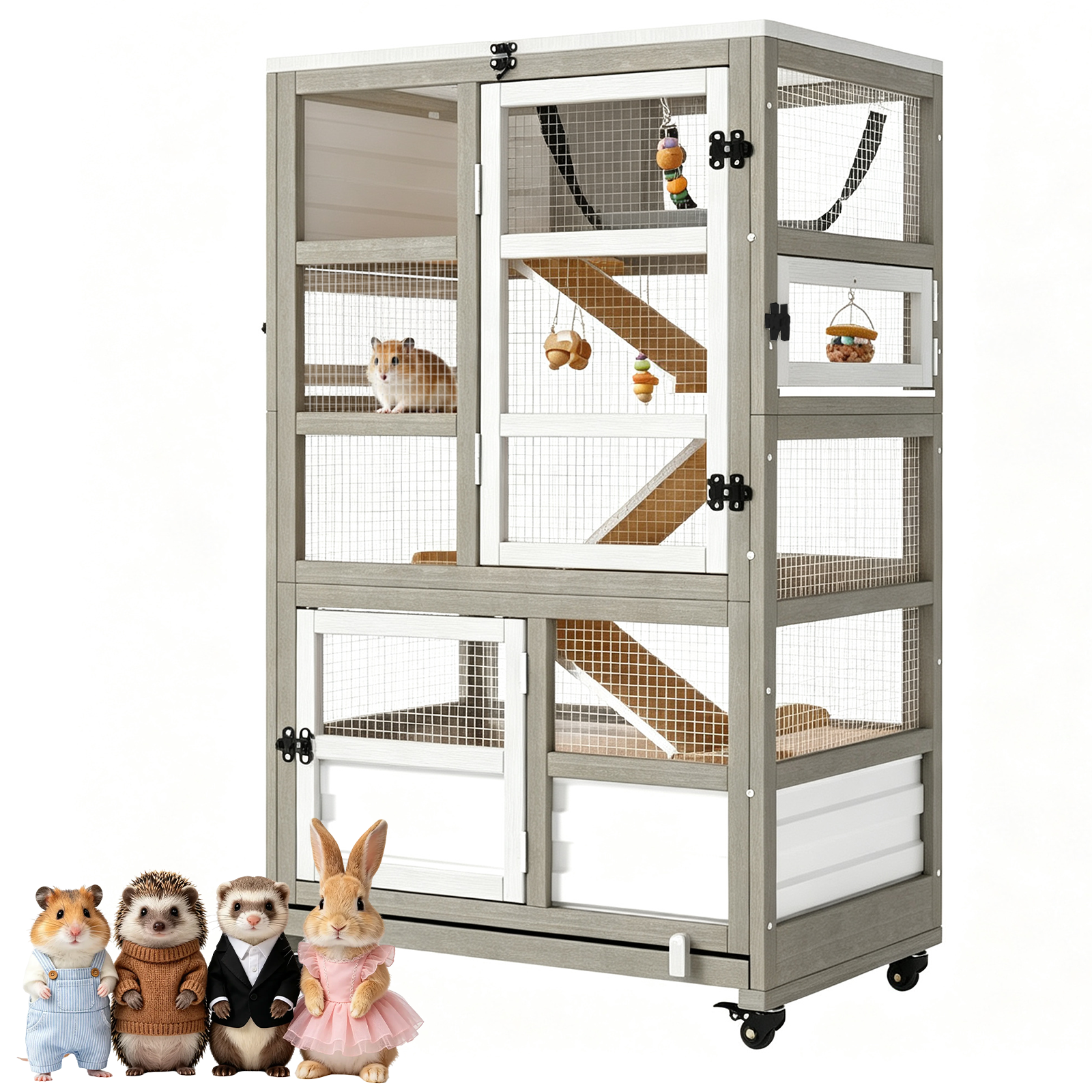 Guinea Pig Cage 5-Tier Wooden Hamster Habitat with Pull-Out Tray & Wheels-PET59