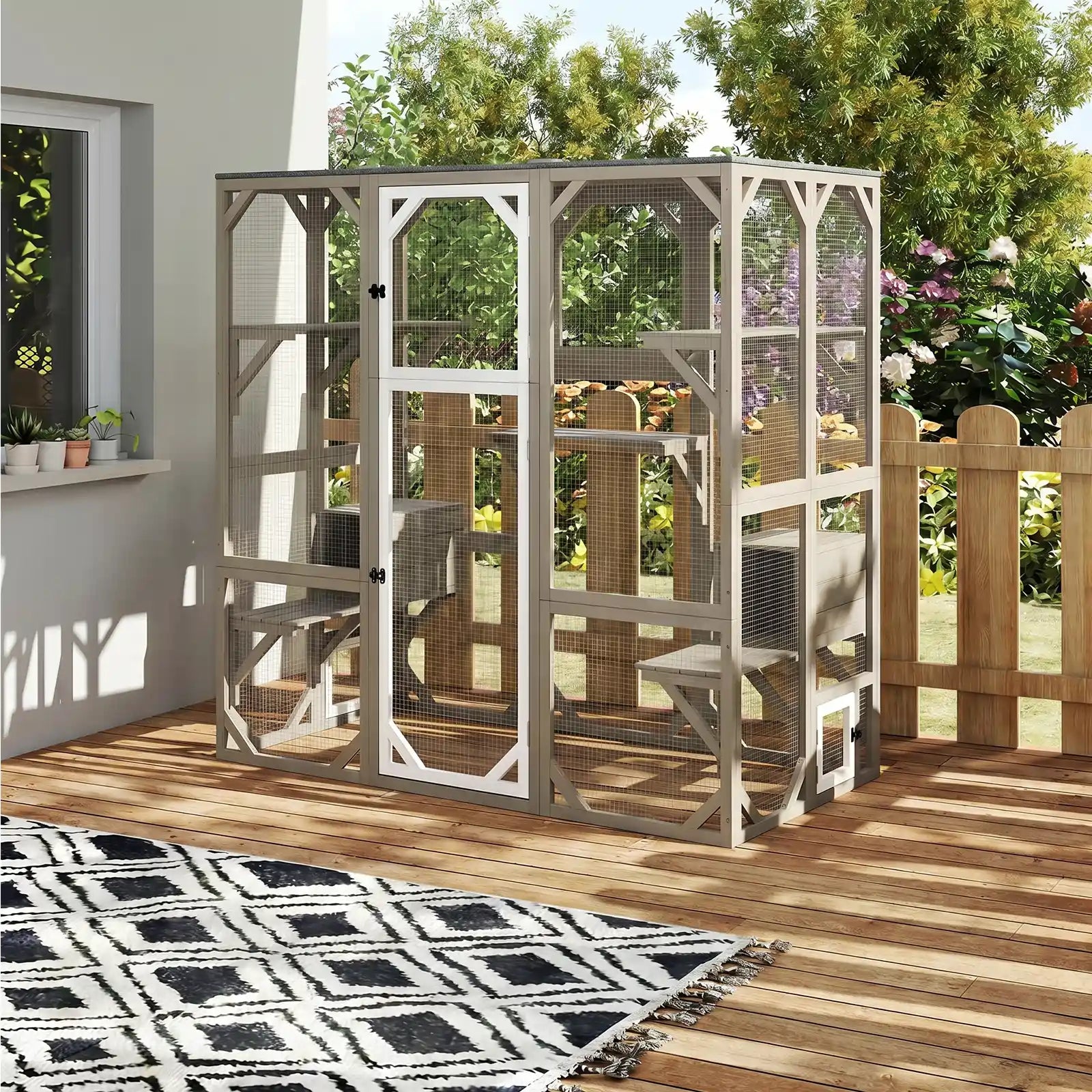 PETSCOSSET 71″ Catio Outdoor Cat Enclosure Large Wooden Cat House with 5 Platforms for Multiple Cats,Wood