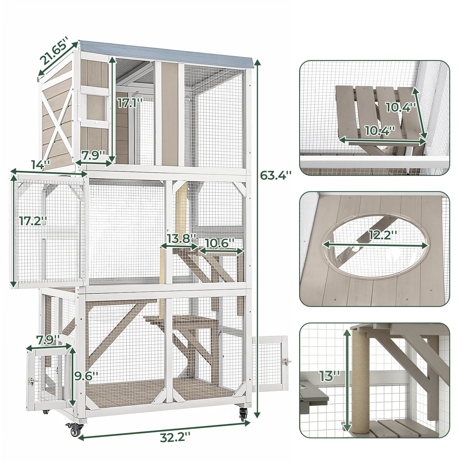 63.5"Mobile Catio Enclosure on Wheels with Scratching Posts & Window Access-PET77