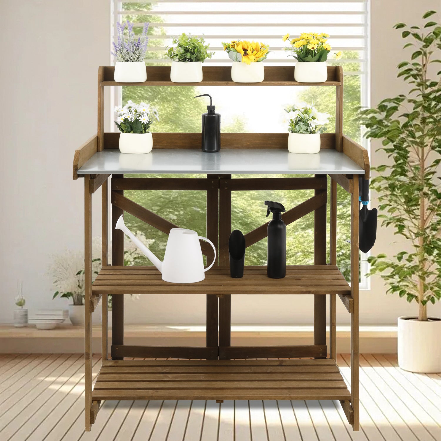 Compact garden table folded for easy storage