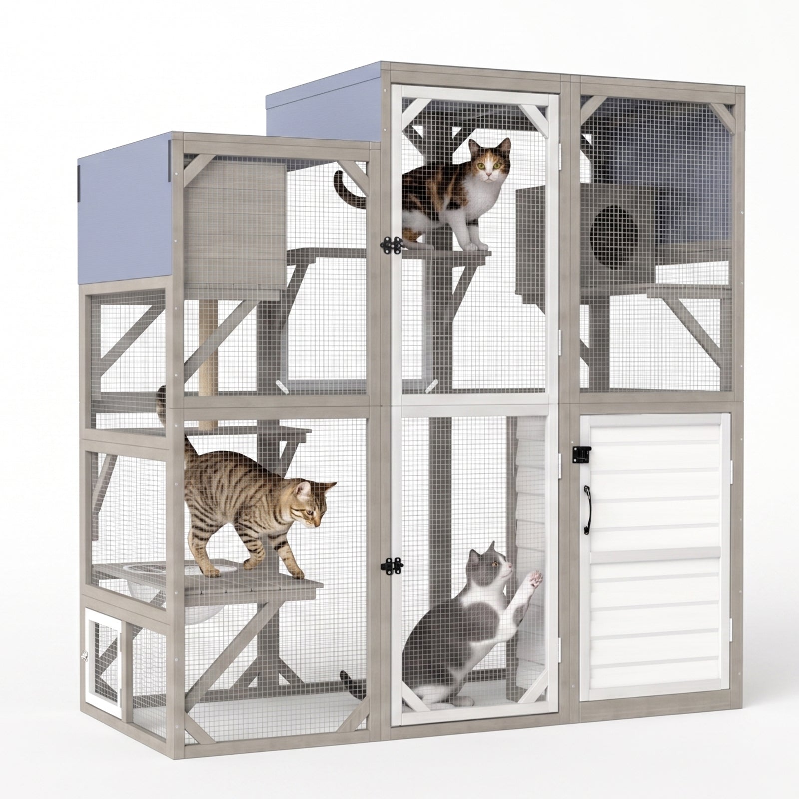 Large Walk-in Wooden Catio with Storage Cabinet, 7 Platforms, Resting Boxes, Scratching Posts – PET96