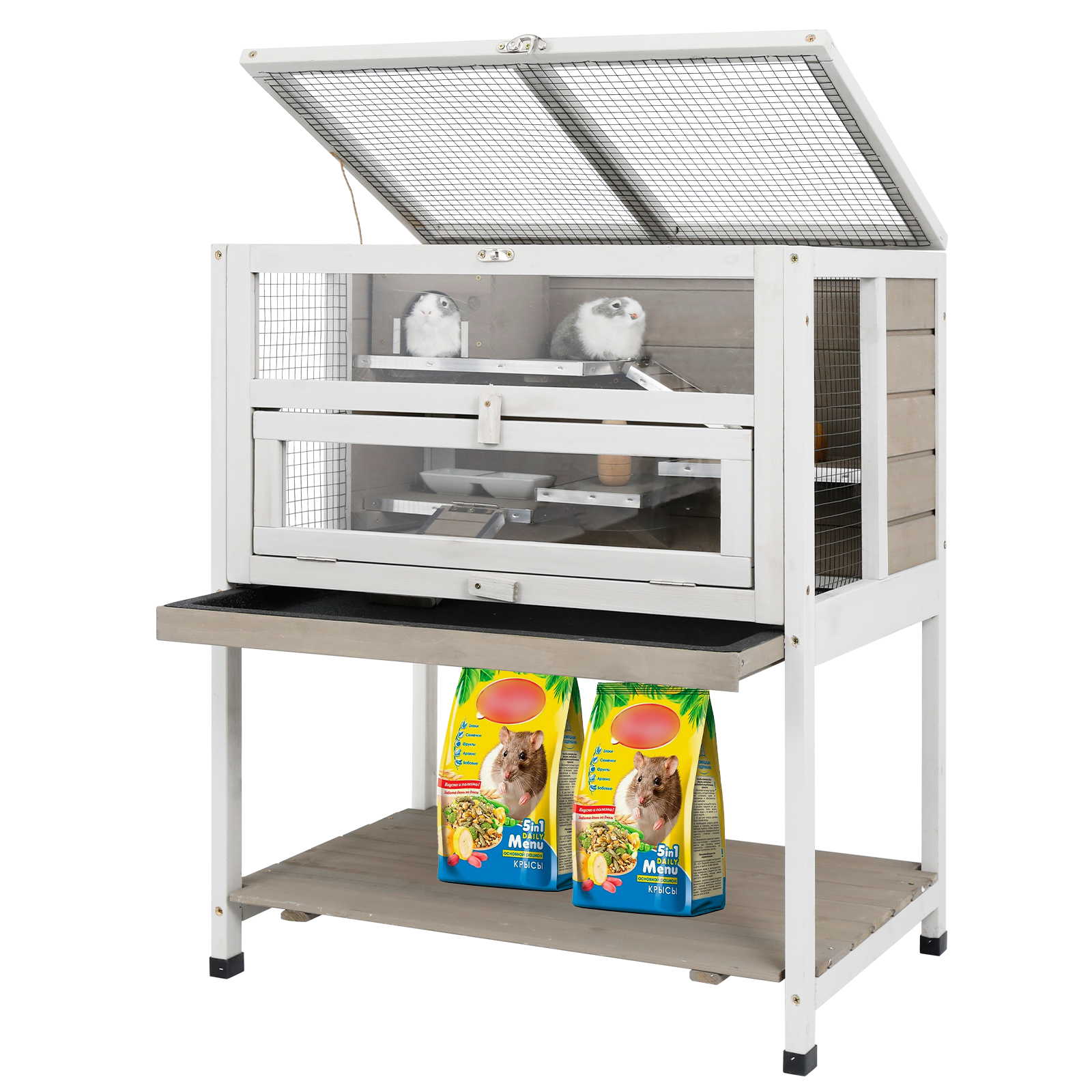 PETSCOSSET 3-tier wooden hamster cage in white and grey – front view