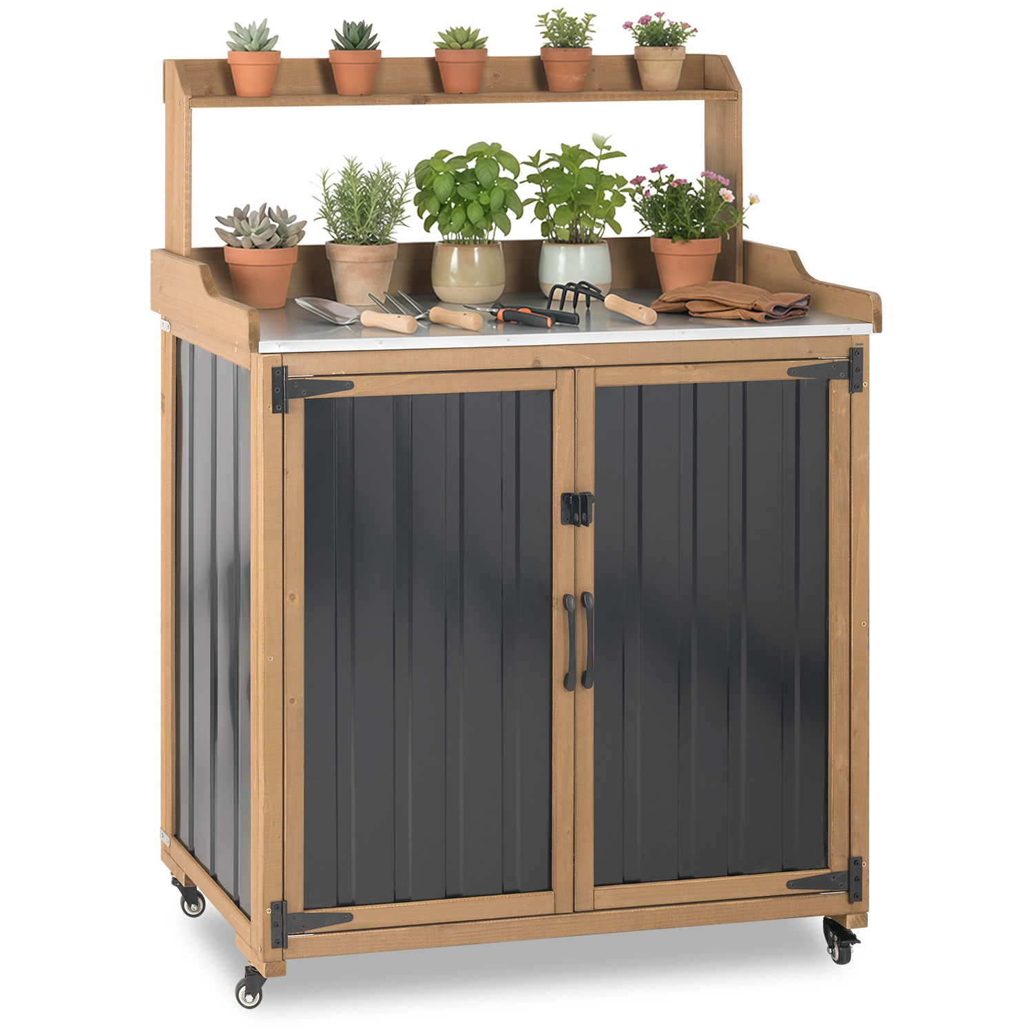 Mobile Potting Bench & Storage Cabinet with Lockable Wheels-GF40