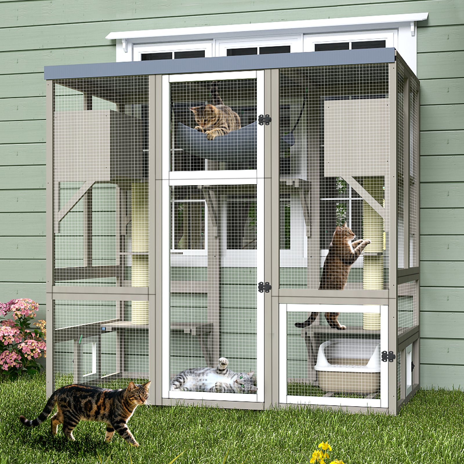 Expandable Multi-Cat Catio with 7 Platforms,2 Rooms, A Hammock & 2 Scratch Posts-PET91