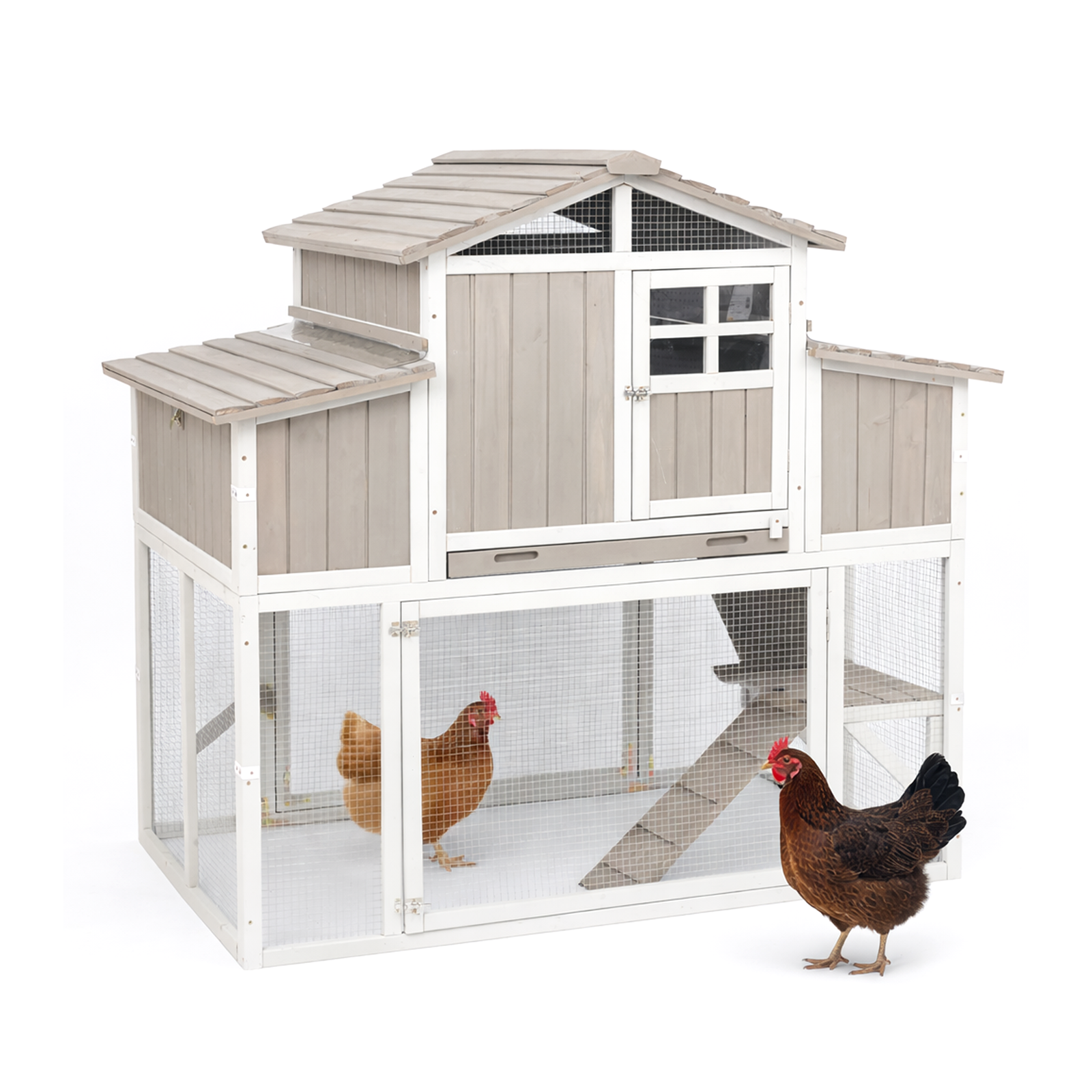 Expandable Large Chicken Coop Hen House with Run & 4 Nesting Boxes-PET85-GREYWHITE