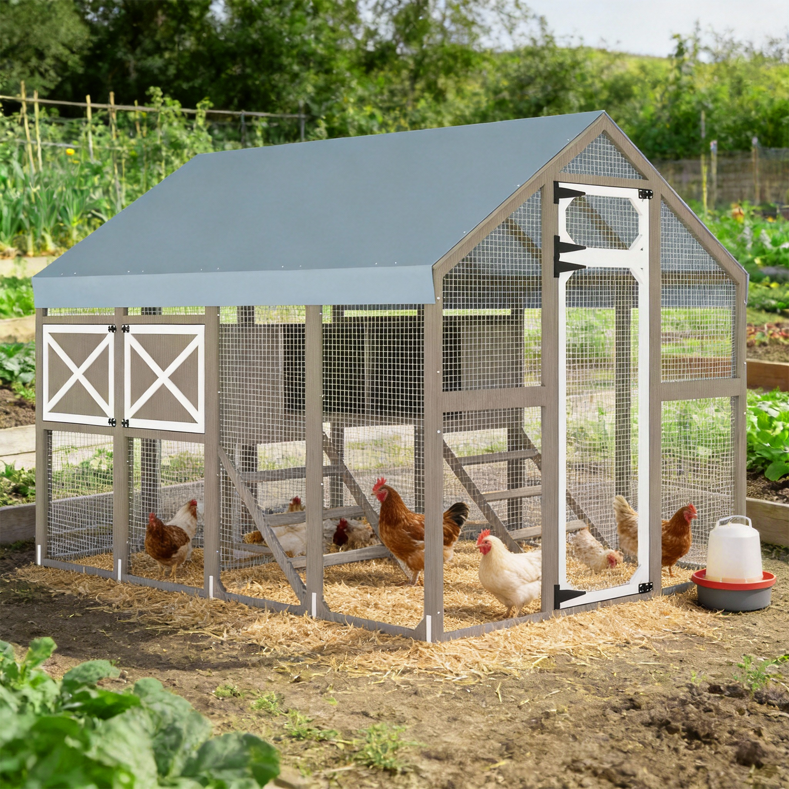 Large Chicken Coop for 8-12 Chickens, Walk-In Run with Nesting Boxes-PET29