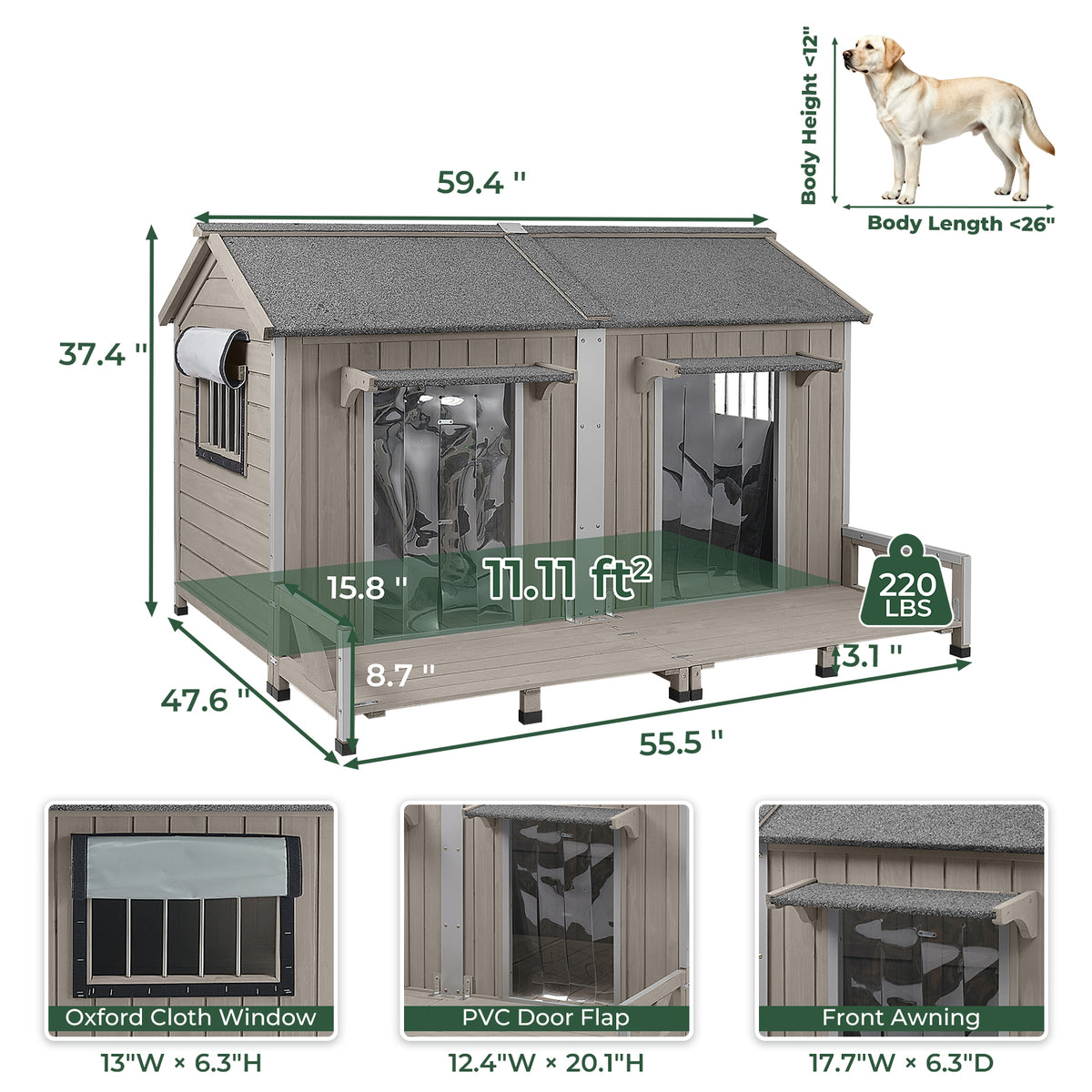 XL Dog House for 2 Dogs(59.4"L)- Chew-Proof Waterproof Roof-PET58