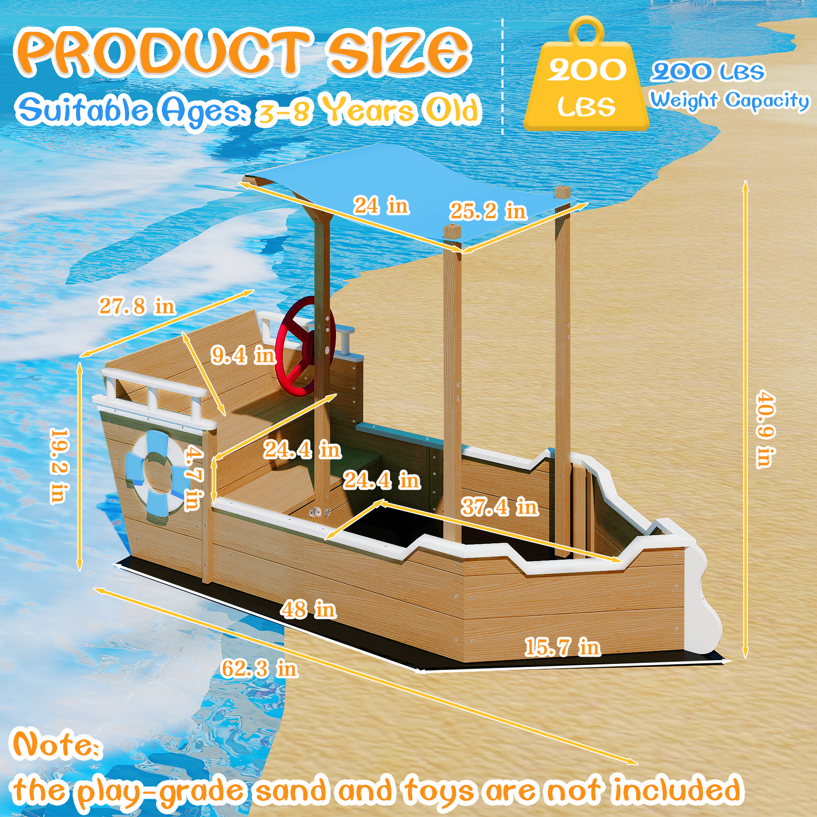 UV-Resistant Ship Sandbox with Built-in Seats & Storage, Liner, for Kids 2-8-GF02