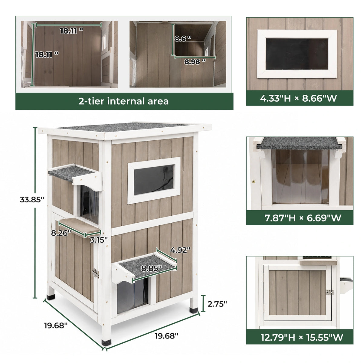 2-Story Weatherproof Wooden Cat House Spacious Outdoor Shelter - PET20