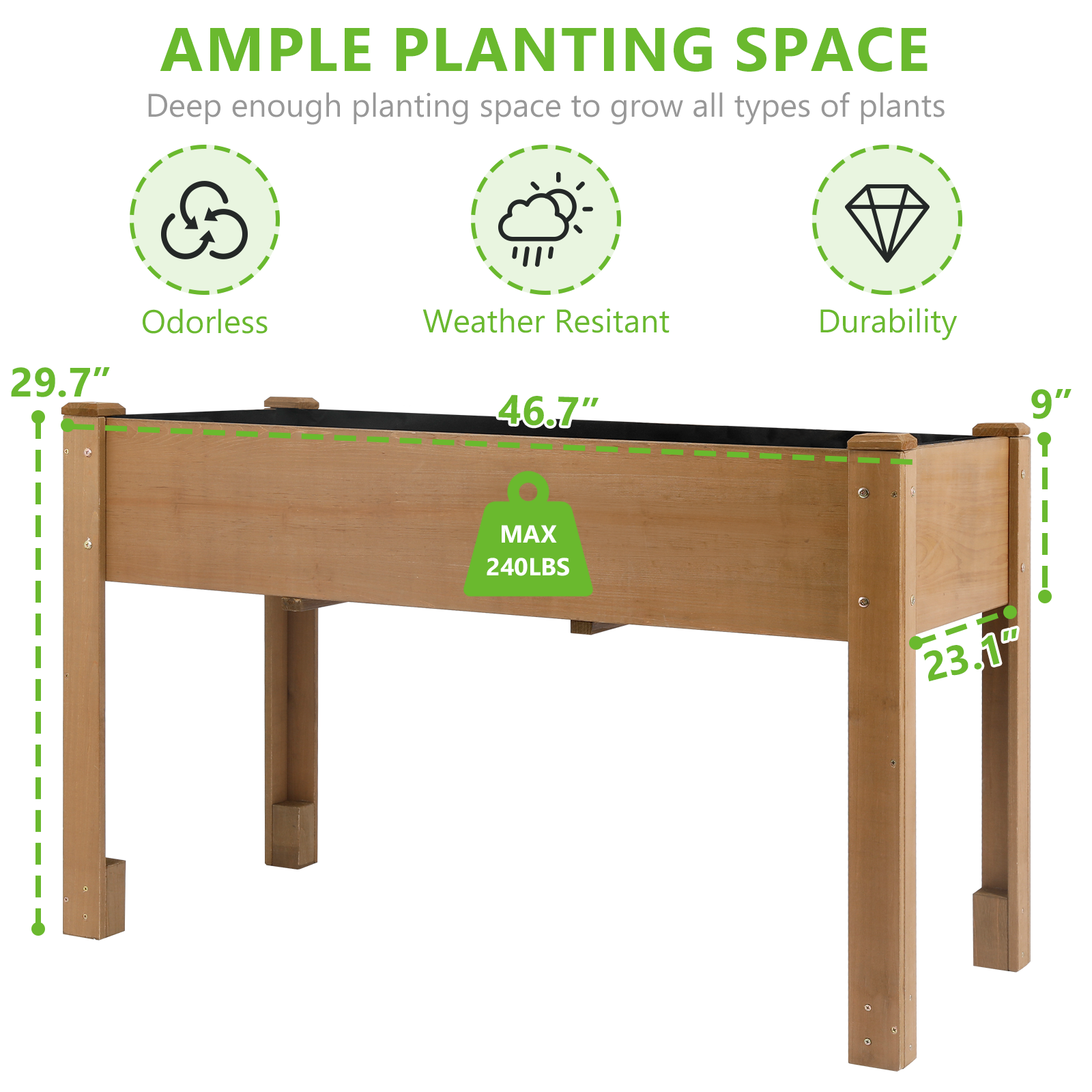 Elevated brown planter box for outdoor gardening