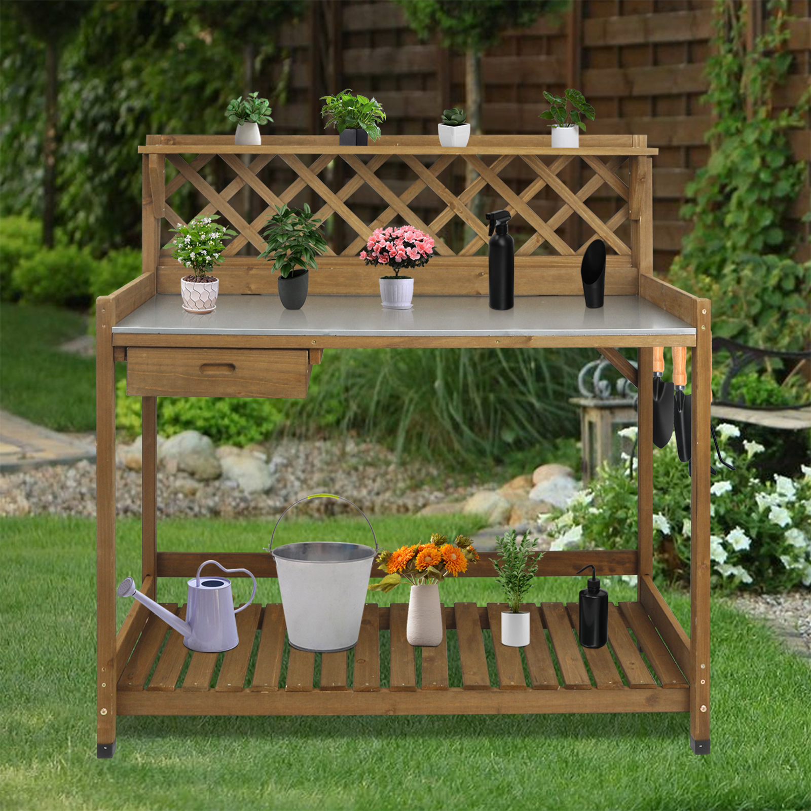 Wooden Potting Benches & Tables, W/Metal Table Top, Drawer, Bottom Shelf-GF11