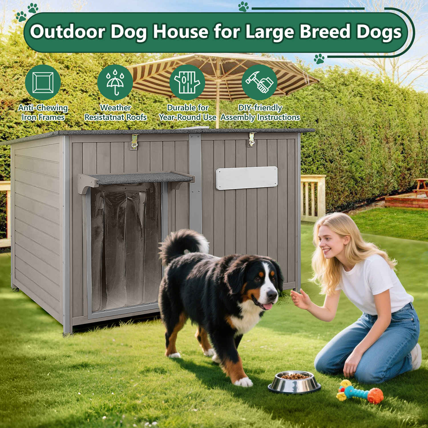 PETSCOSSET 55" XL Wooden Outdoor Dog House, Weatherproof Shelter for Large Dogs Up to 220lbs, Anti-Chew Frame, Window & Raised Base