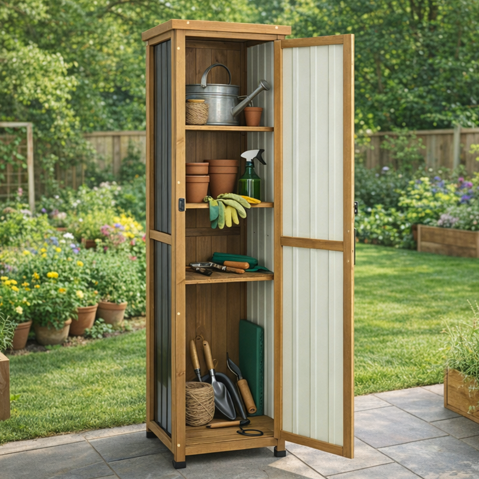 62" Tall Narrow Outdoor Storage Cabinet Waterproof Shed with Metal Top-GF36