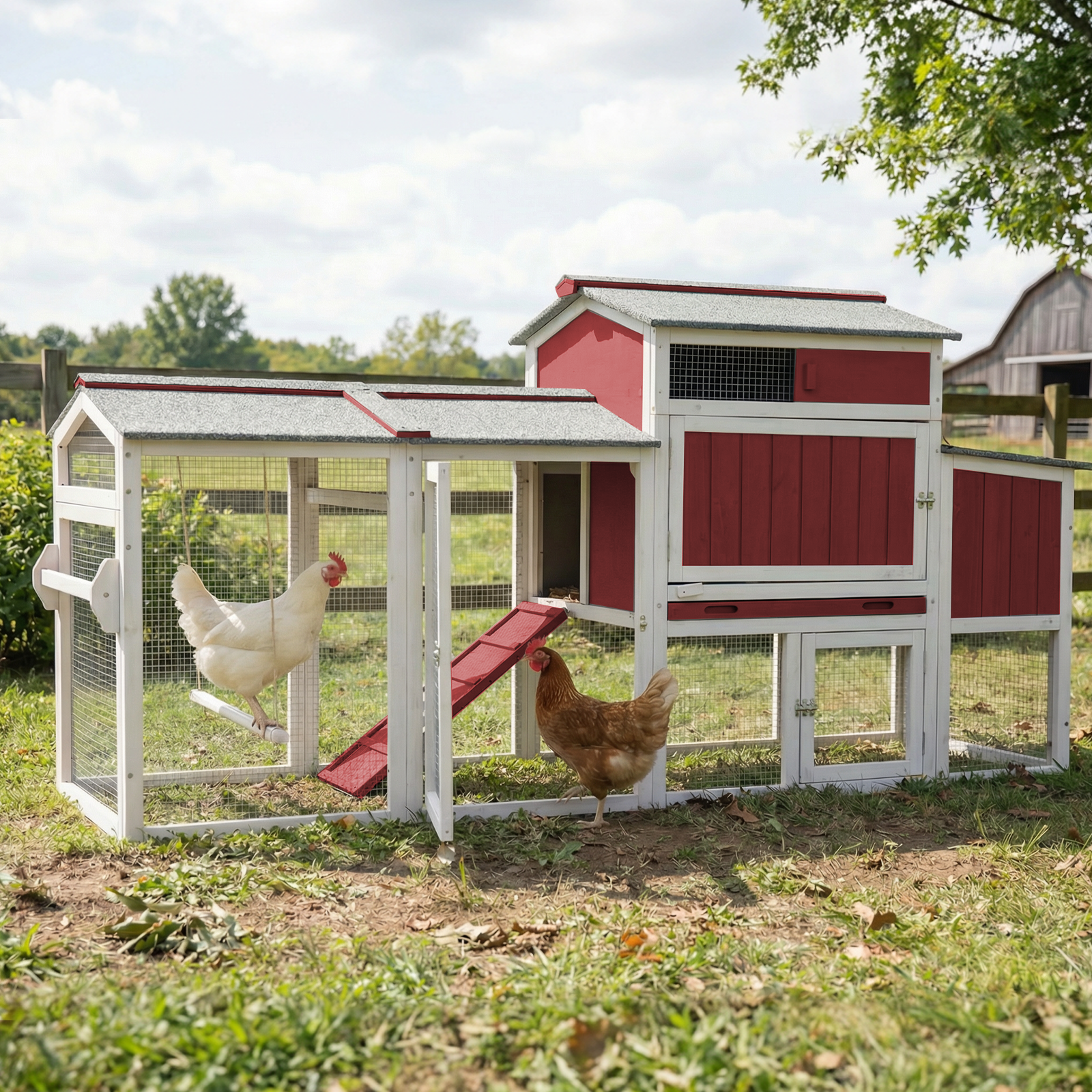 Large Weatherproof Mobile Chicken Coop with Run, Wheels & Swing-PET83-REDWHITE