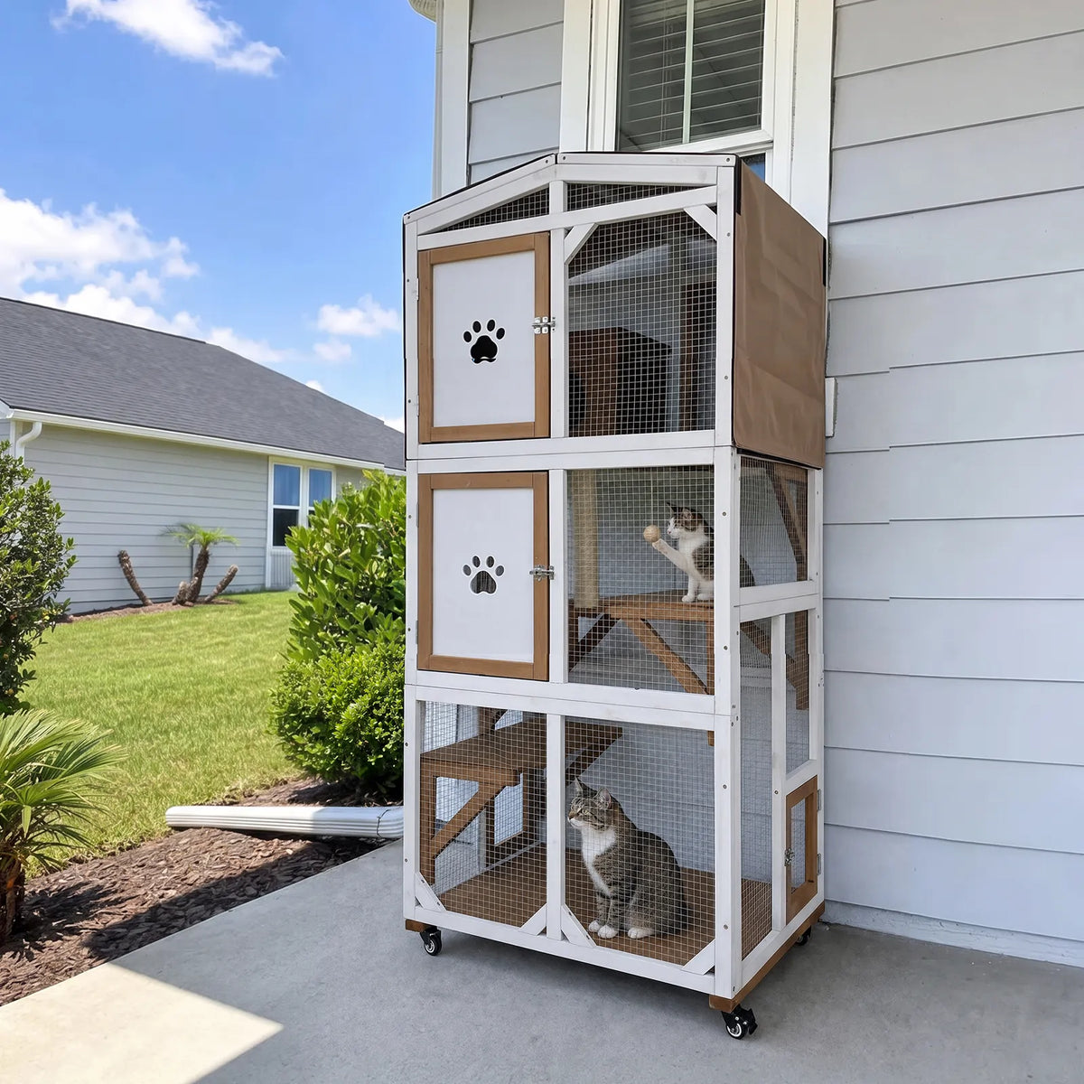 62.6" Mobile Wooden Outdoor Catio with Scratching Post & House - PET99