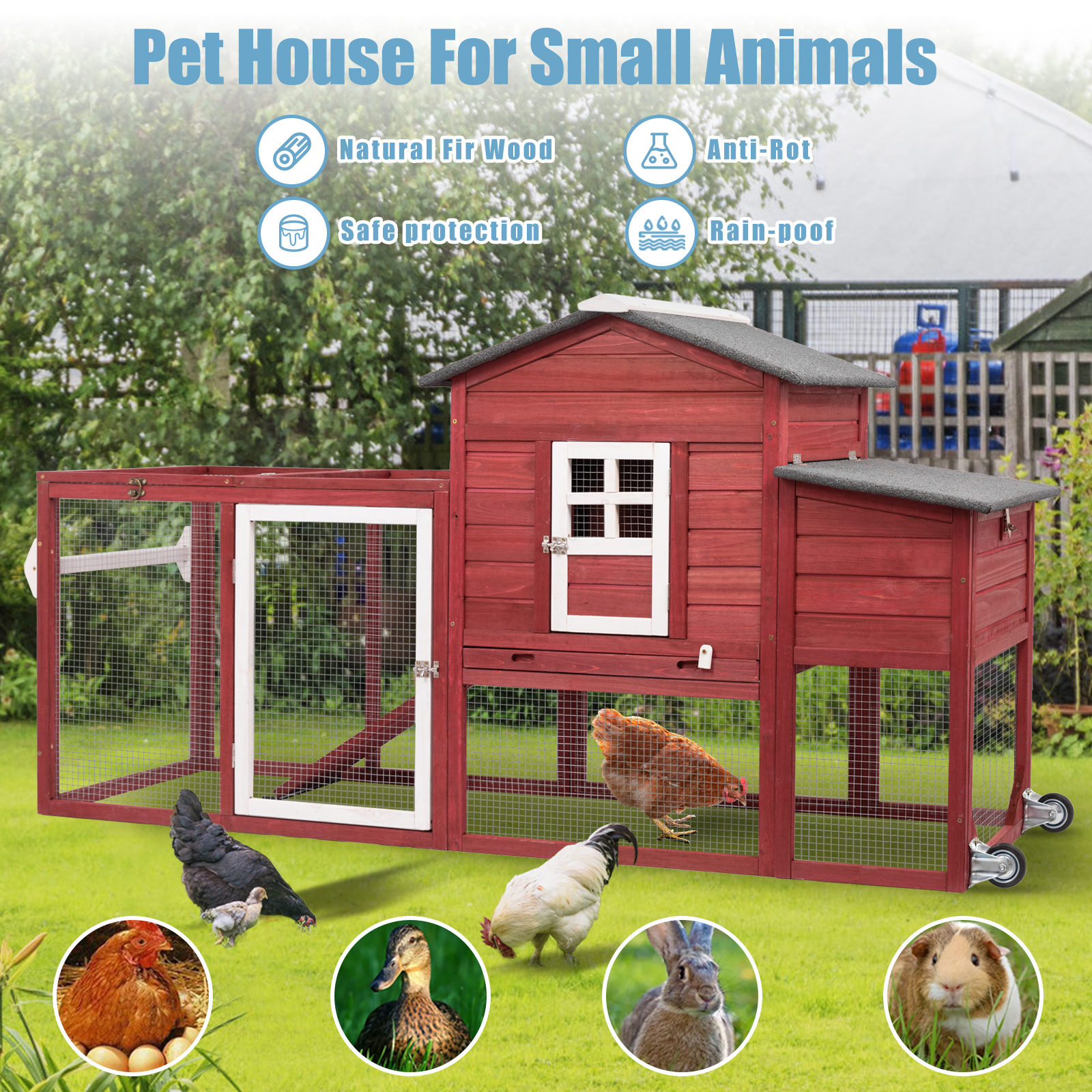 78.7″ Combinable Wooden Chicken Coop with Wheels & Run-PET21W-REDWHITE