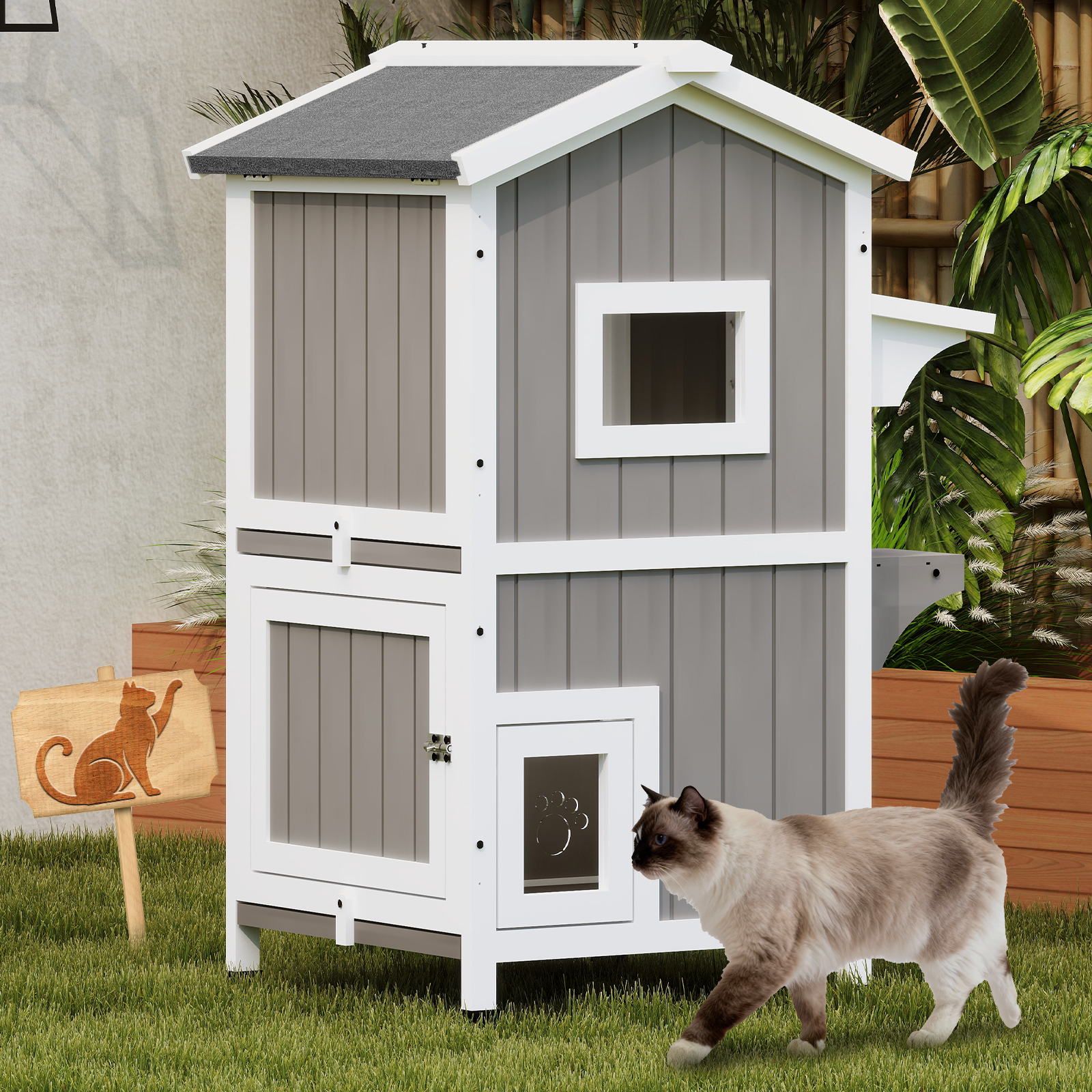 Two-Story Wooden Feral Cat Shelter with Asphalt Roof-04-GREYWHITE