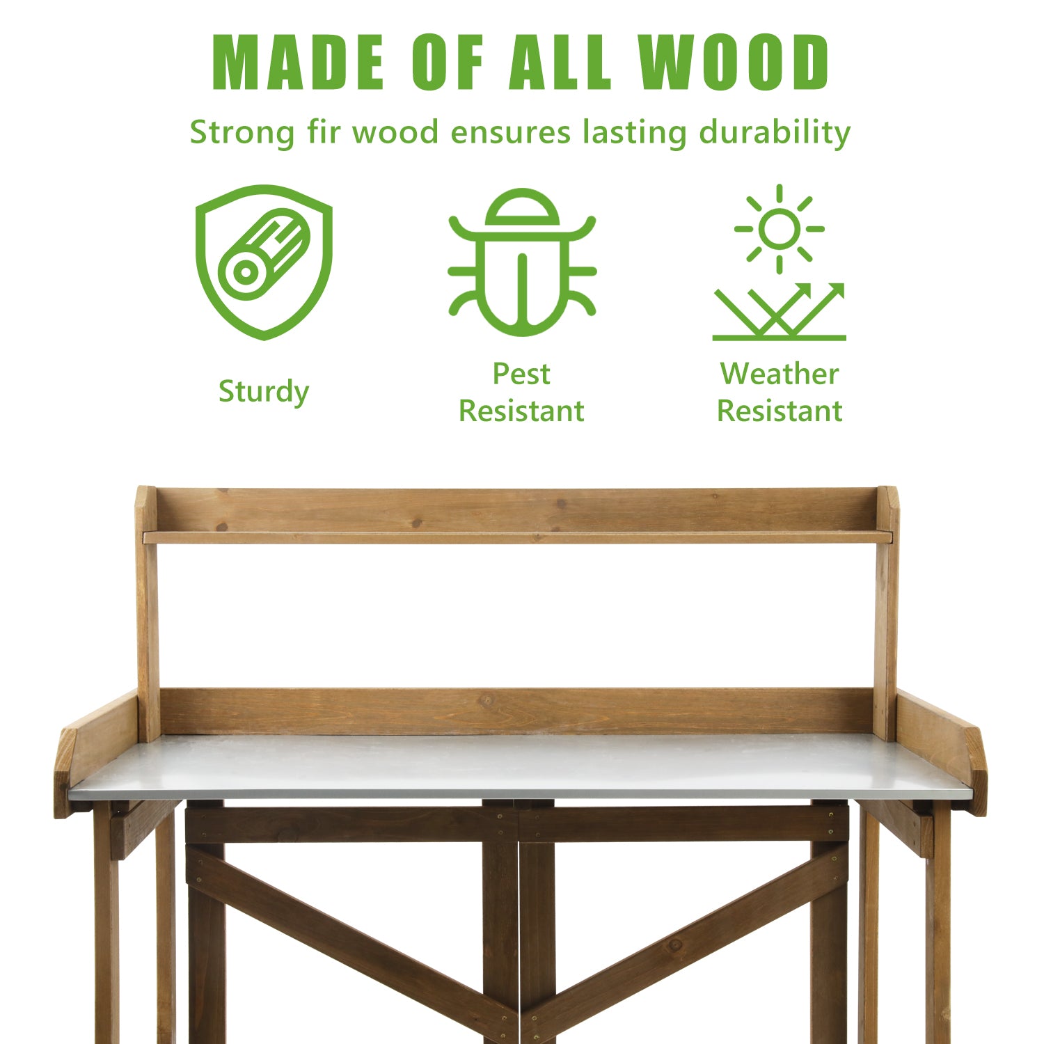 Potting bench with durable frame and water-resistant tabletop