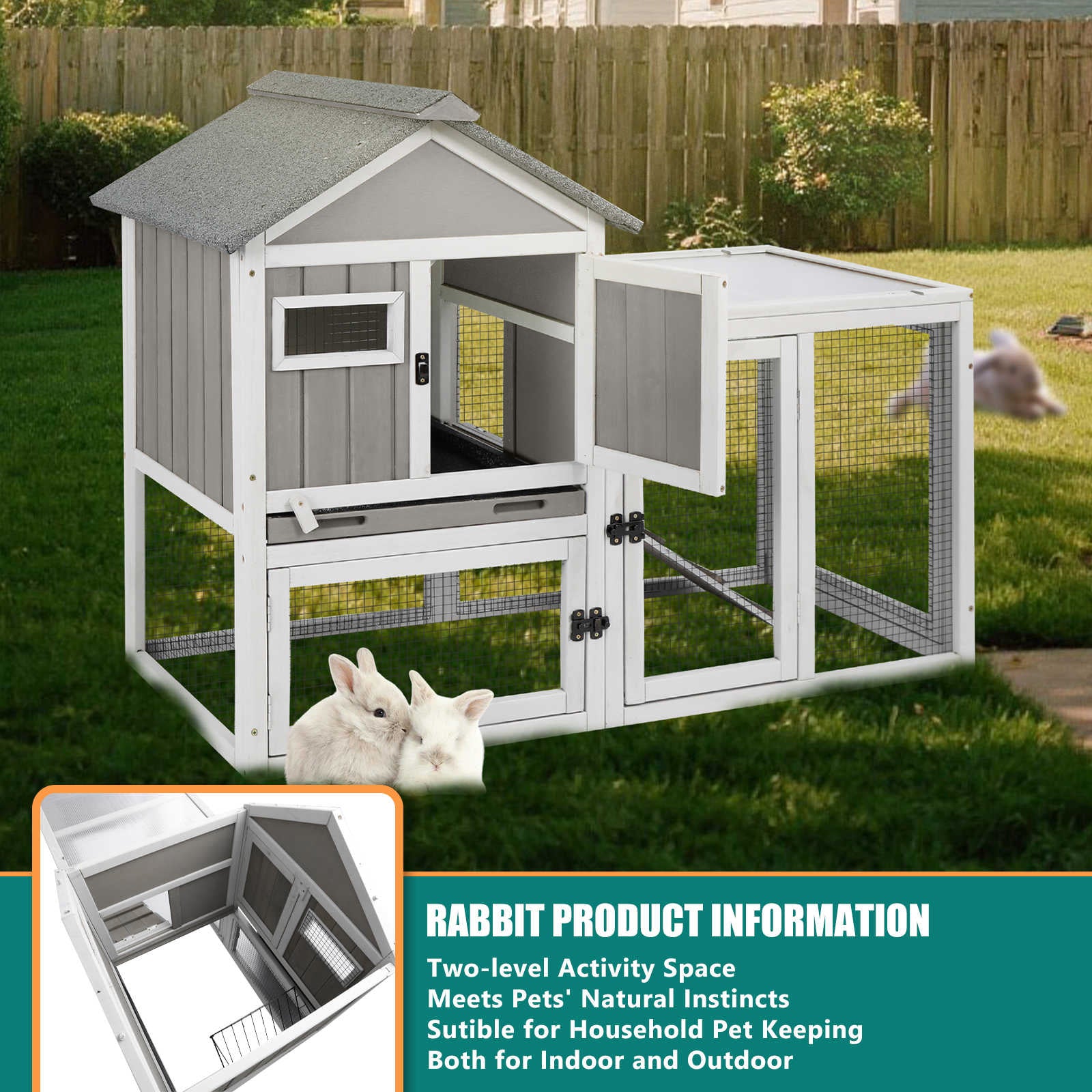 PETSCOSSET 48" Wooden Rabbit Hutch, 2-Story Bunny Cage for Indoors & Outdoors, Waterproof with Tray & Ramp