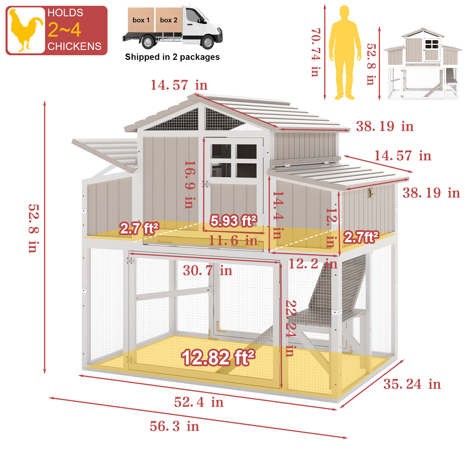 Expandable Large Chicken Coop Hen House with Run & 4 Nesting Boxes-PET85-GREYWHITE