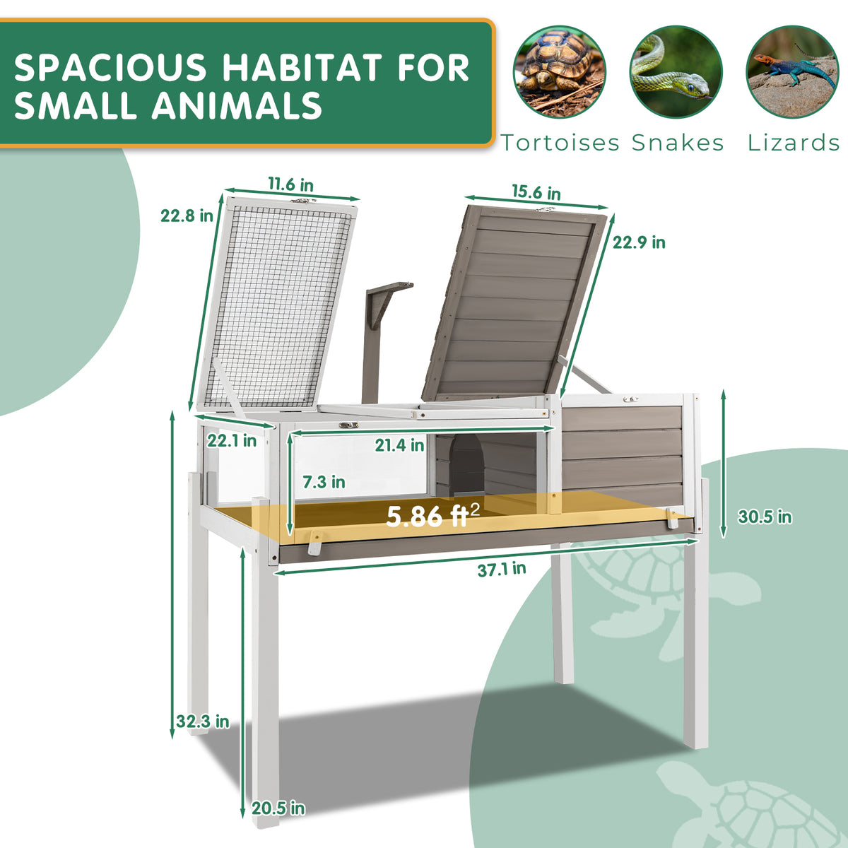 Reptile Cage - 37″L Wooden Tortoise/Turtle Habitat Grey - TOR03
